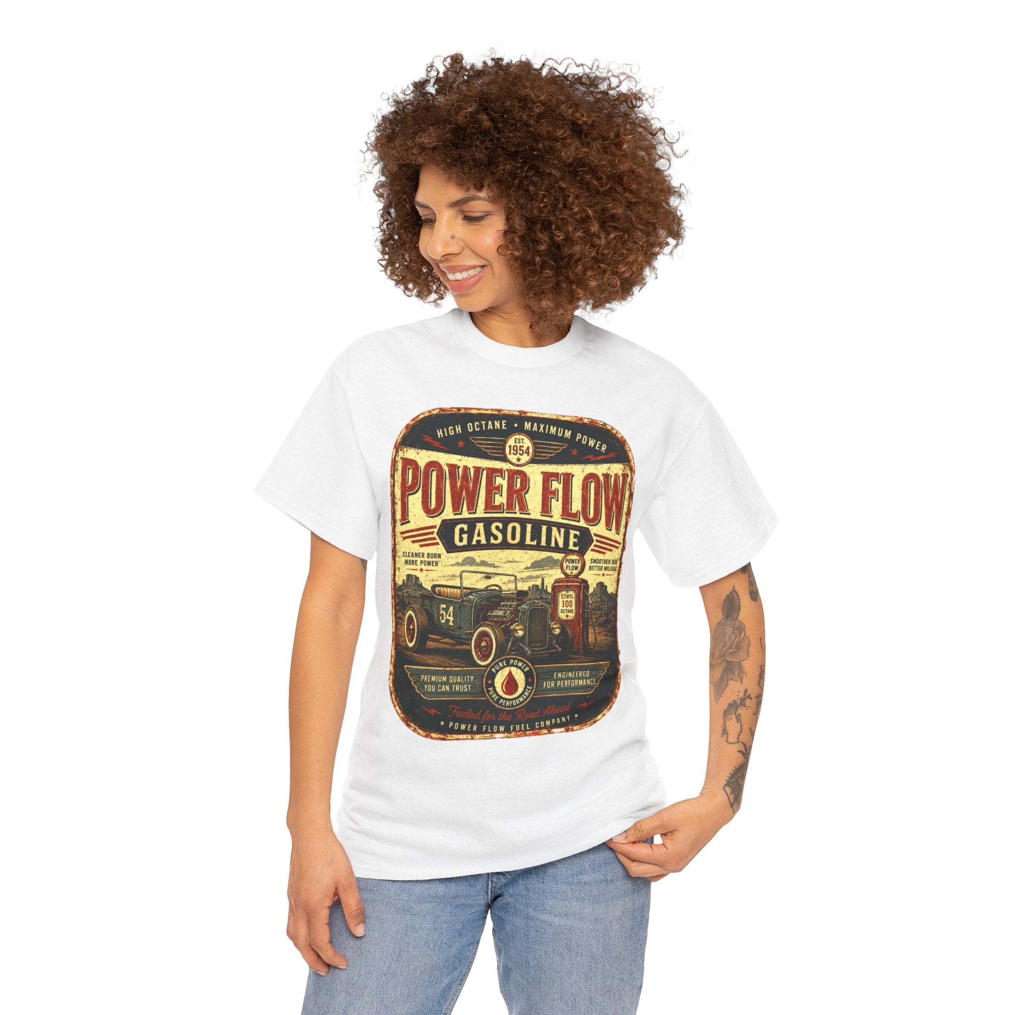 Power Flow Gasoline Vintage Hot Rod T-Shirt – Retro Gas Station Automotive Graphic Tee for Car Lovers