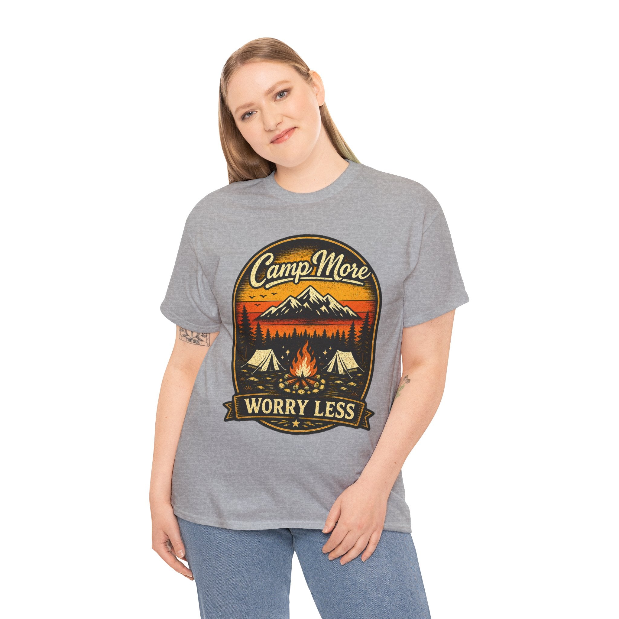Camp More Worry Less T Shirt – Vintage Camping Graphic Tee for Hikers & Outdoor Lovers