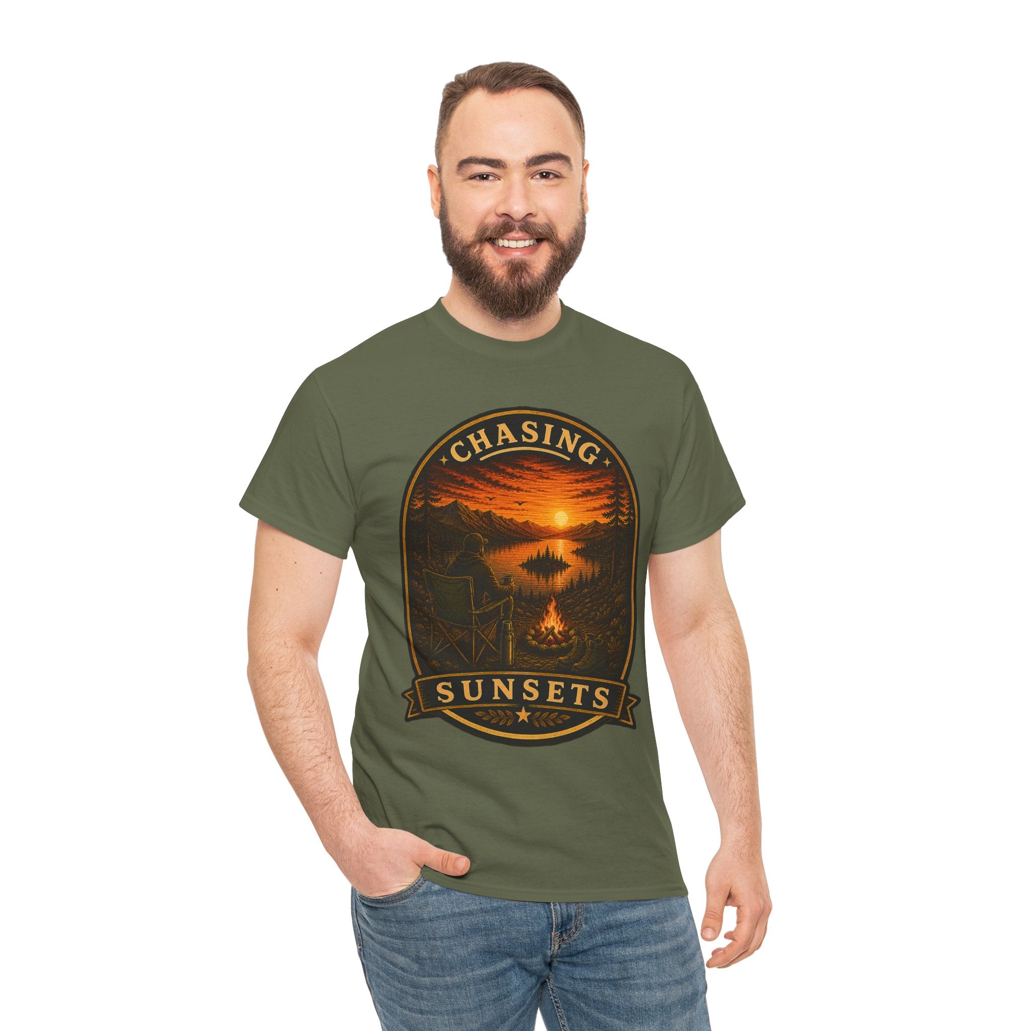 Chasing Sunsets Camping T Shirt – Vintage Sunset Campfire Outdoor Graphic Tee
