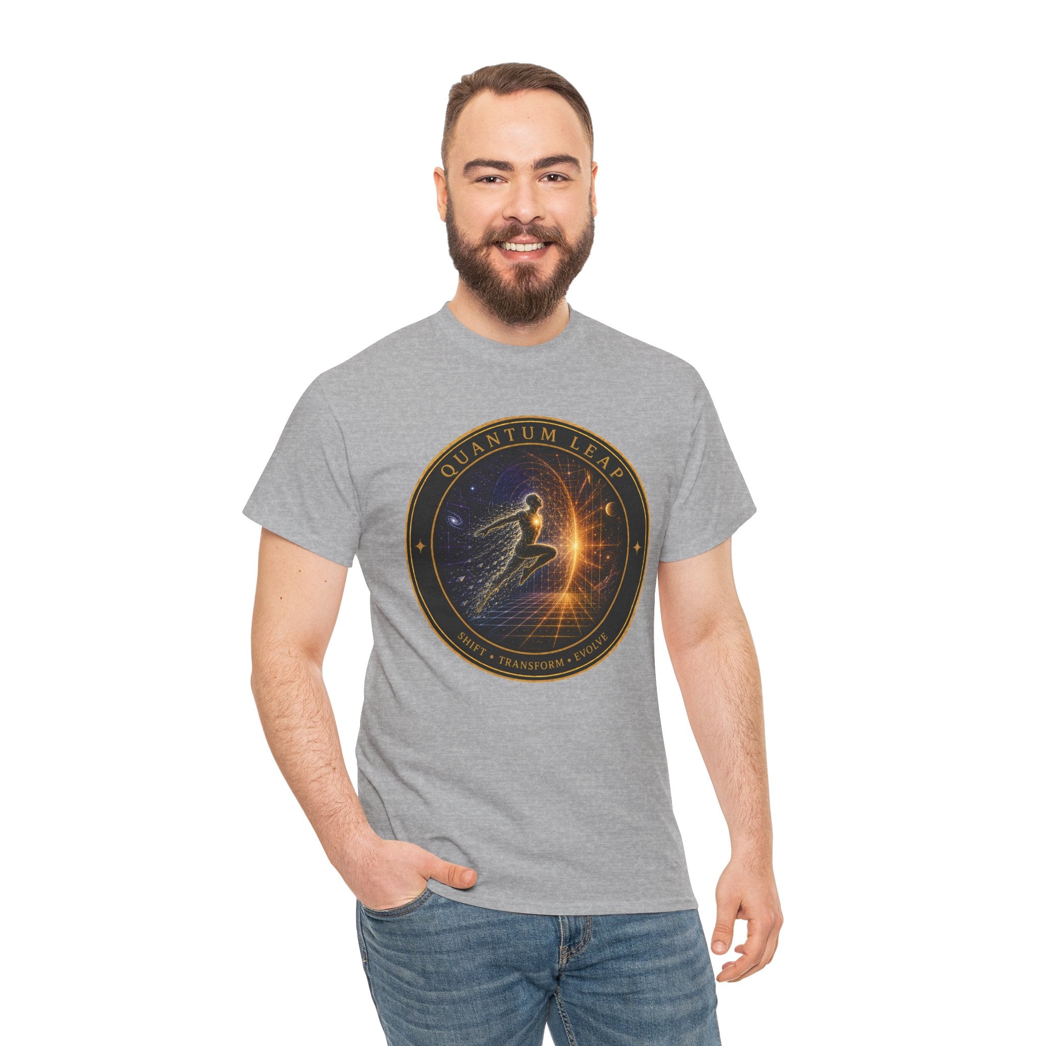 Quantum Leap Badge T-Shirt – Cosmic Transformation Graphic Tee