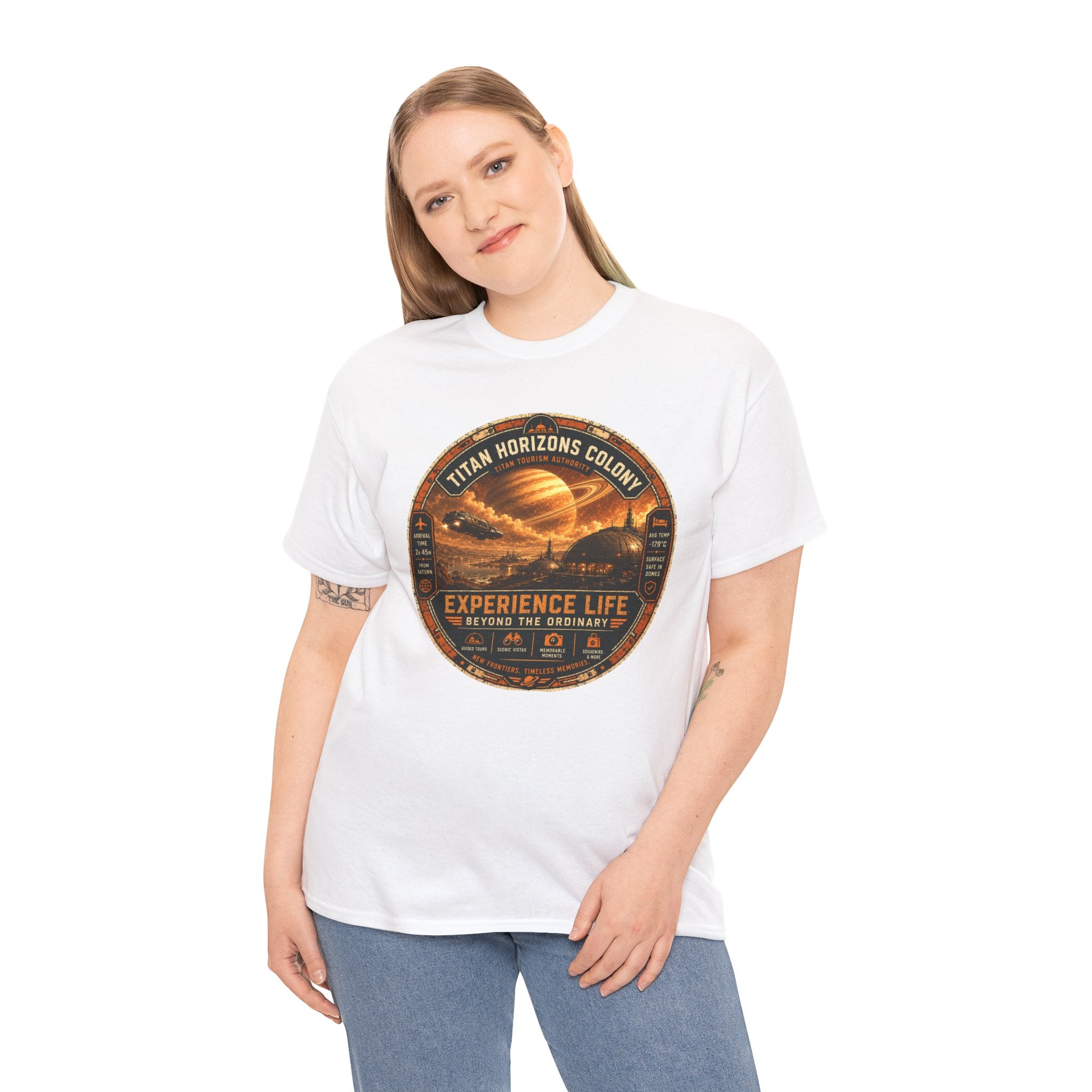 Titan Horizons Colony T Shirt – Retro Sci Fi Space Travel Graphic Tee