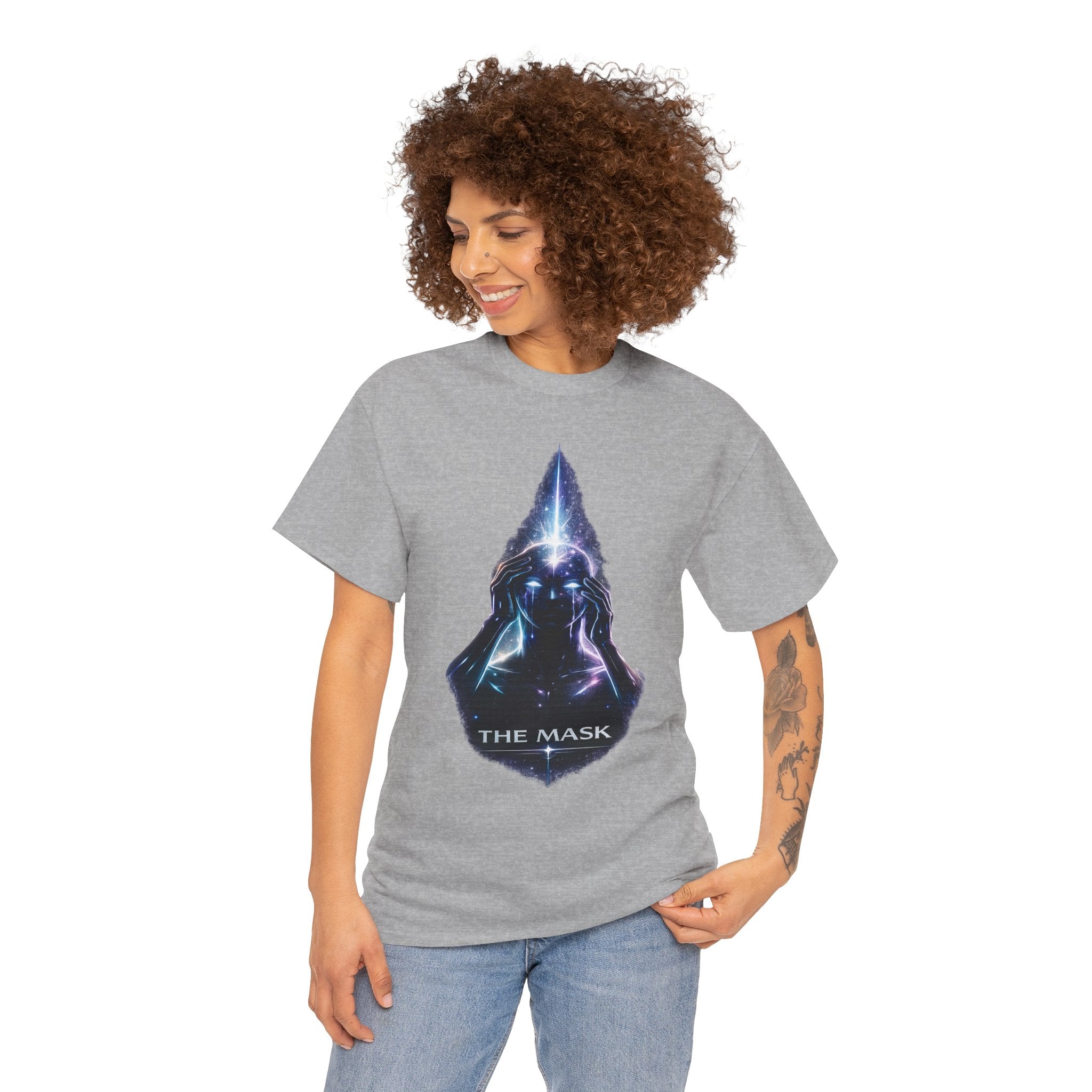 The Mask Cosmic Graphic T Shirt – Mystical Hooded Figure Spiritual Streetwear Tee