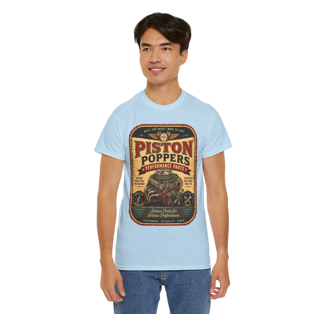 Piston Poppers Vintage Car T-Shirt – Retro Hot Rod Mechanic Graphic Tee for Car Enthusiasts
