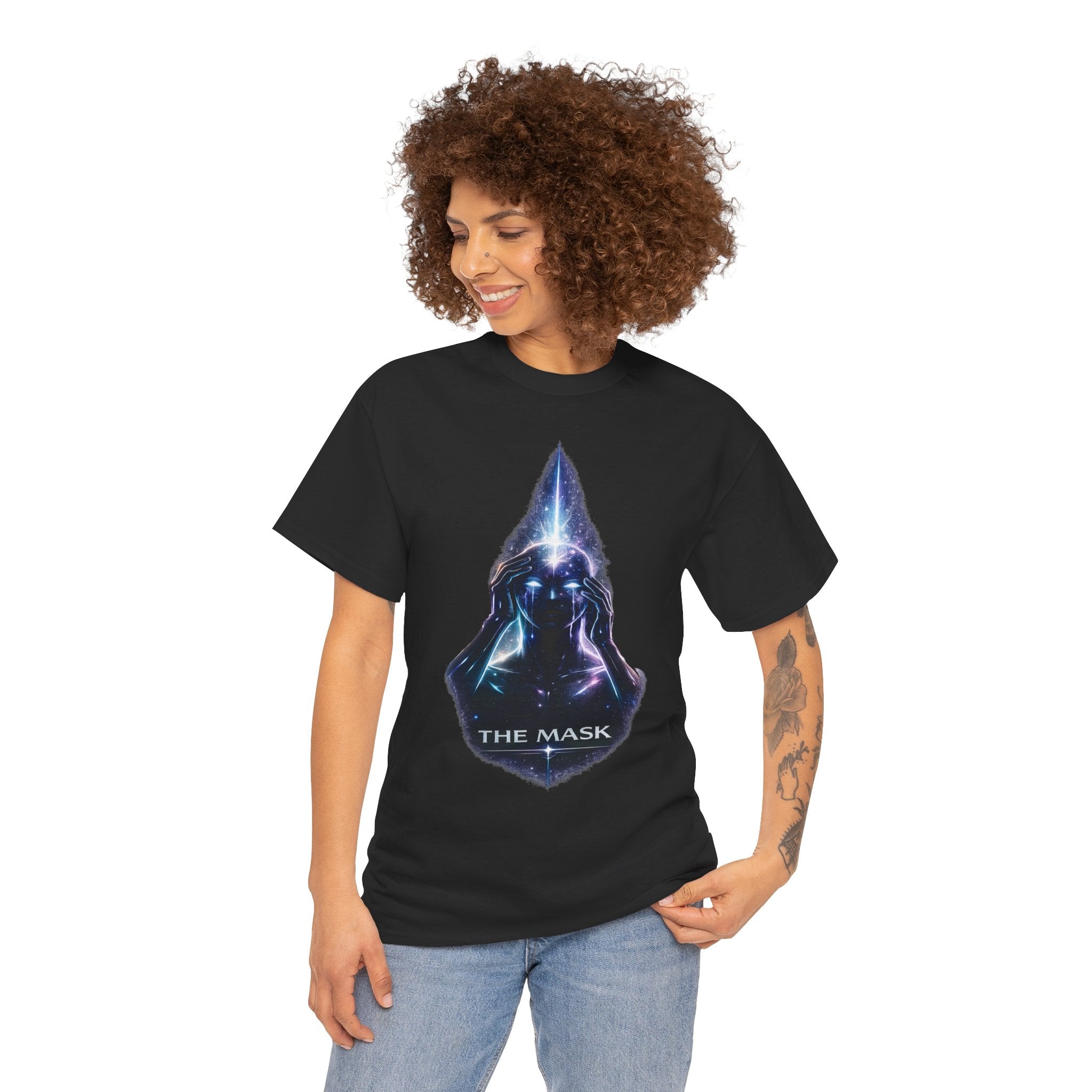 The Mask Cosmic Graphic T Shirt – Mystical Hooded Figure Spiritual Streetwear Tee