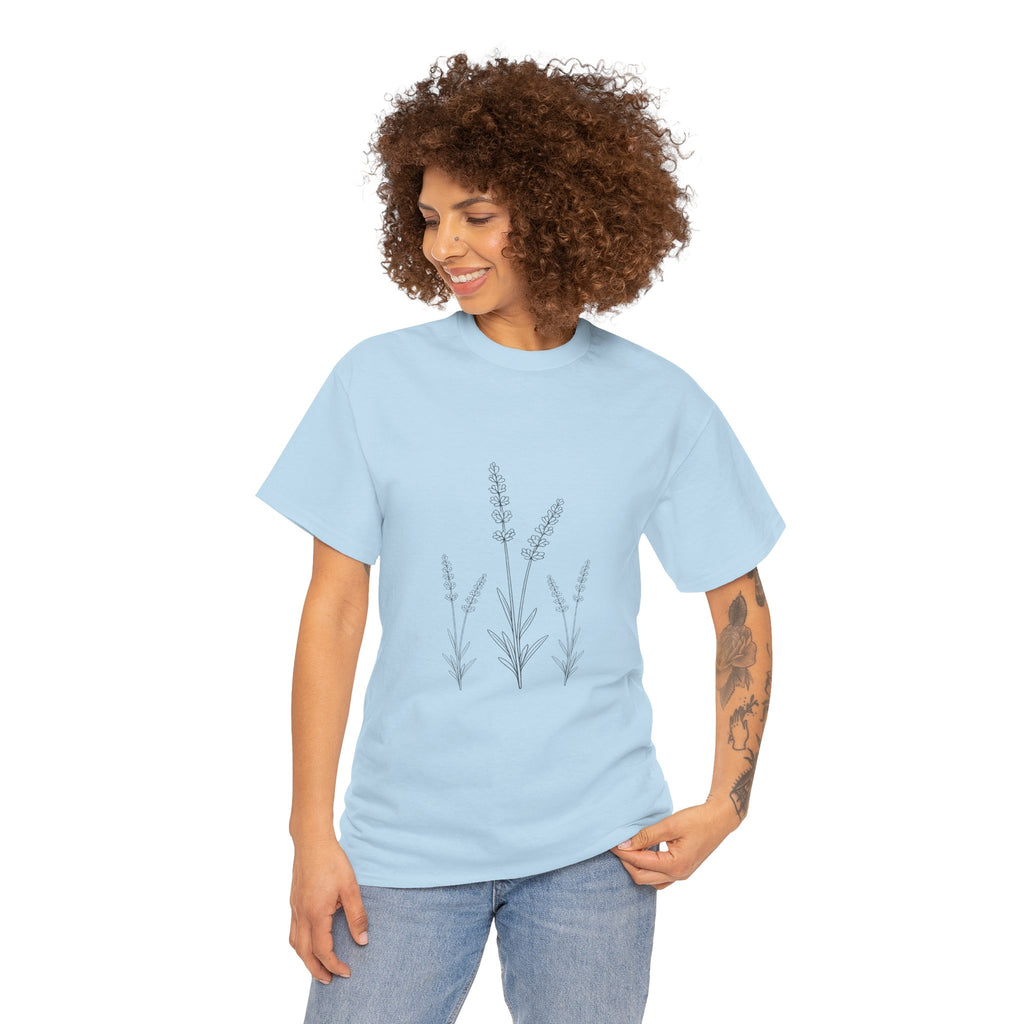 Minimal Lavender Triple Floral T Shirt – Botanical Line Art Flower Graphic Tee