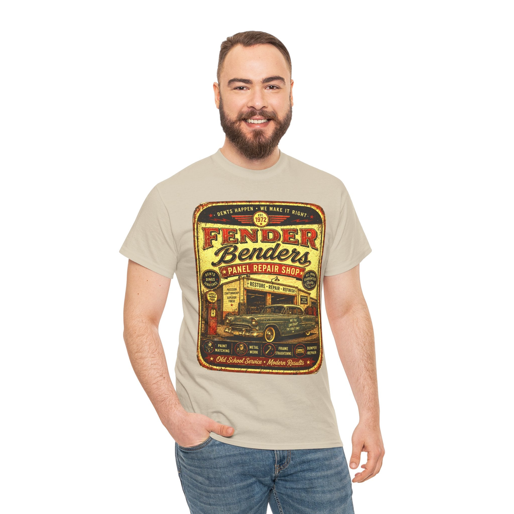 Fender Benders Vintage Panel Repair Shop T-Shirt – Retro Auto Mechanic Garage Graphic Tee