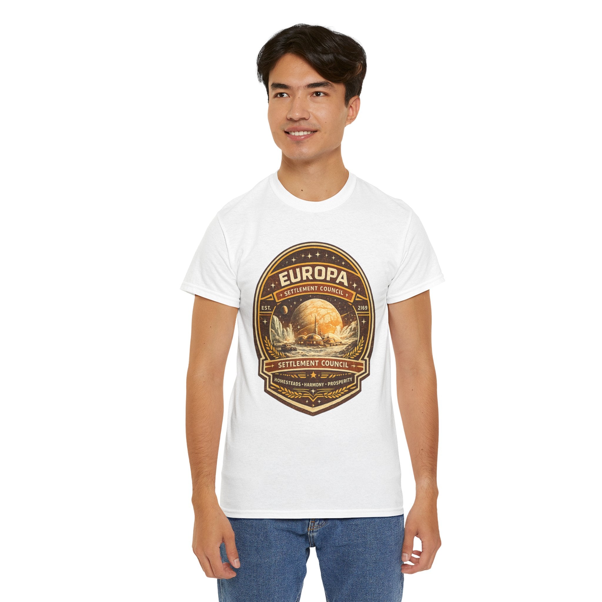 Europa Settlement Council T Shirt – Retro Sci Fi Space Colony Graphic Tee