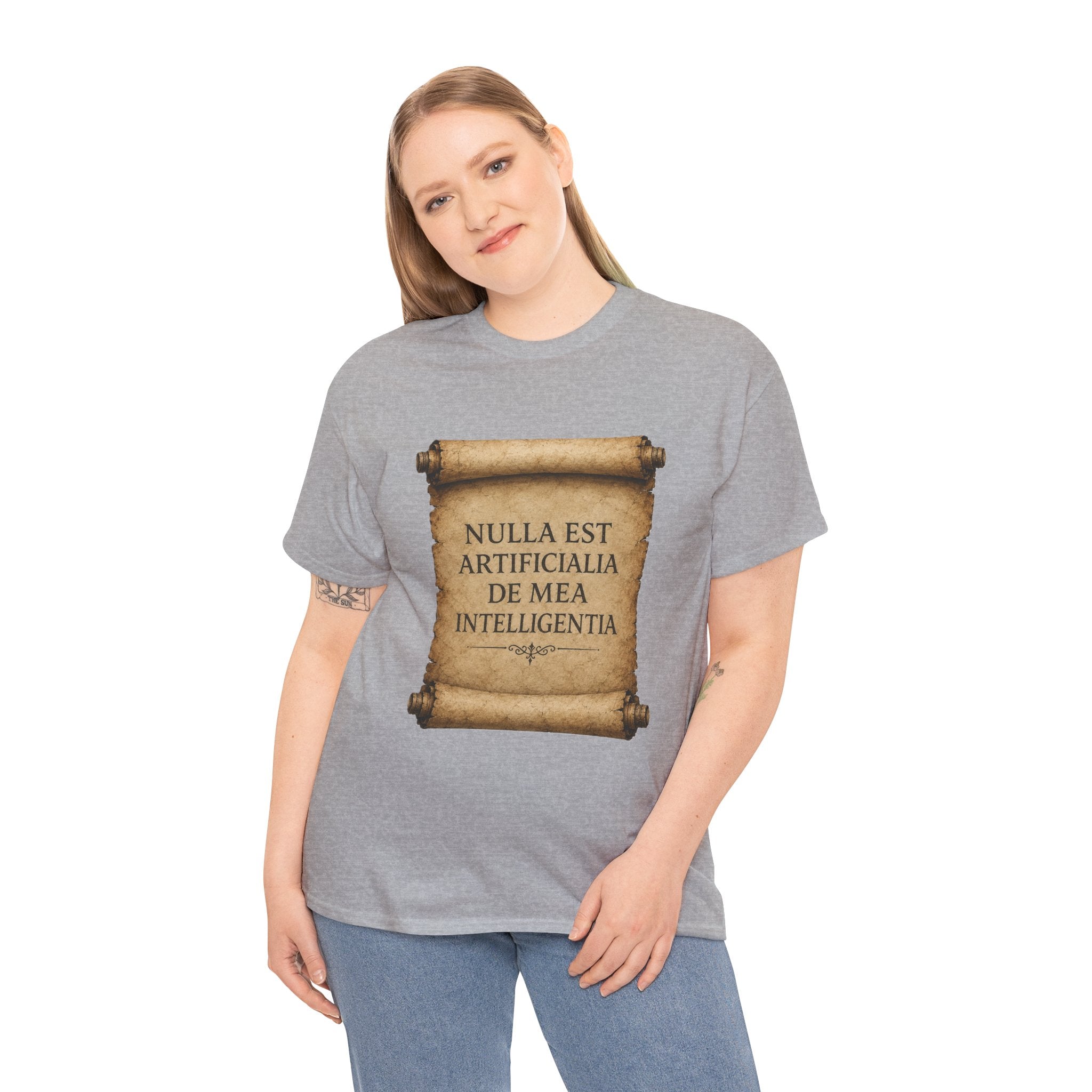 Latin Philosophy T Shirt – Nulla Est Artificialia De Mea Intelligentia Vintage Scroll Graphic Tee