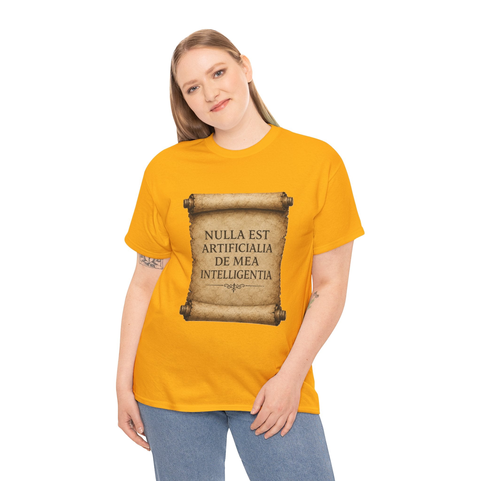 Latin Philosophy T Shirt – Nulla Est Artificialia De Mea Intelligentia Vintage Scroll Graphic Tee