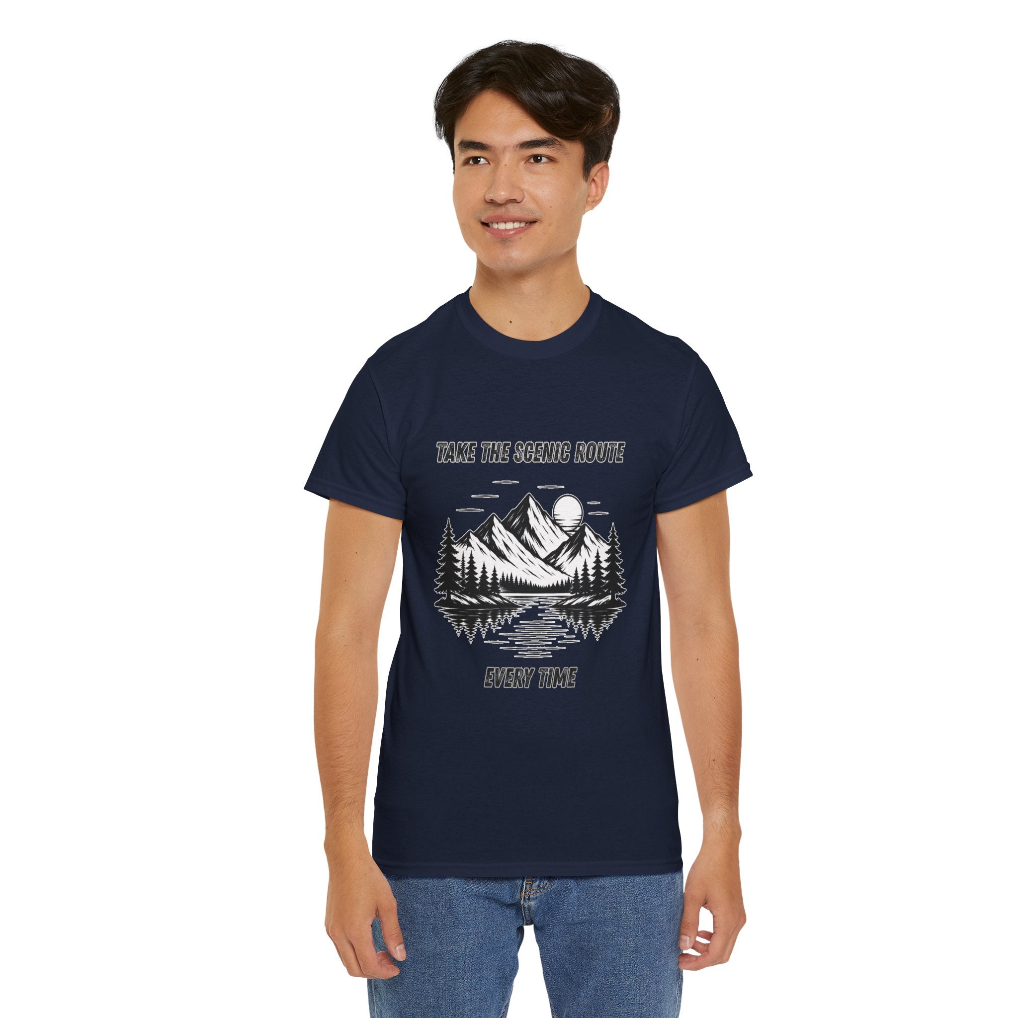 Take The Scenic Route Every Time T Shirt – Mountain Hiking Camping Adventure Graphic Tee