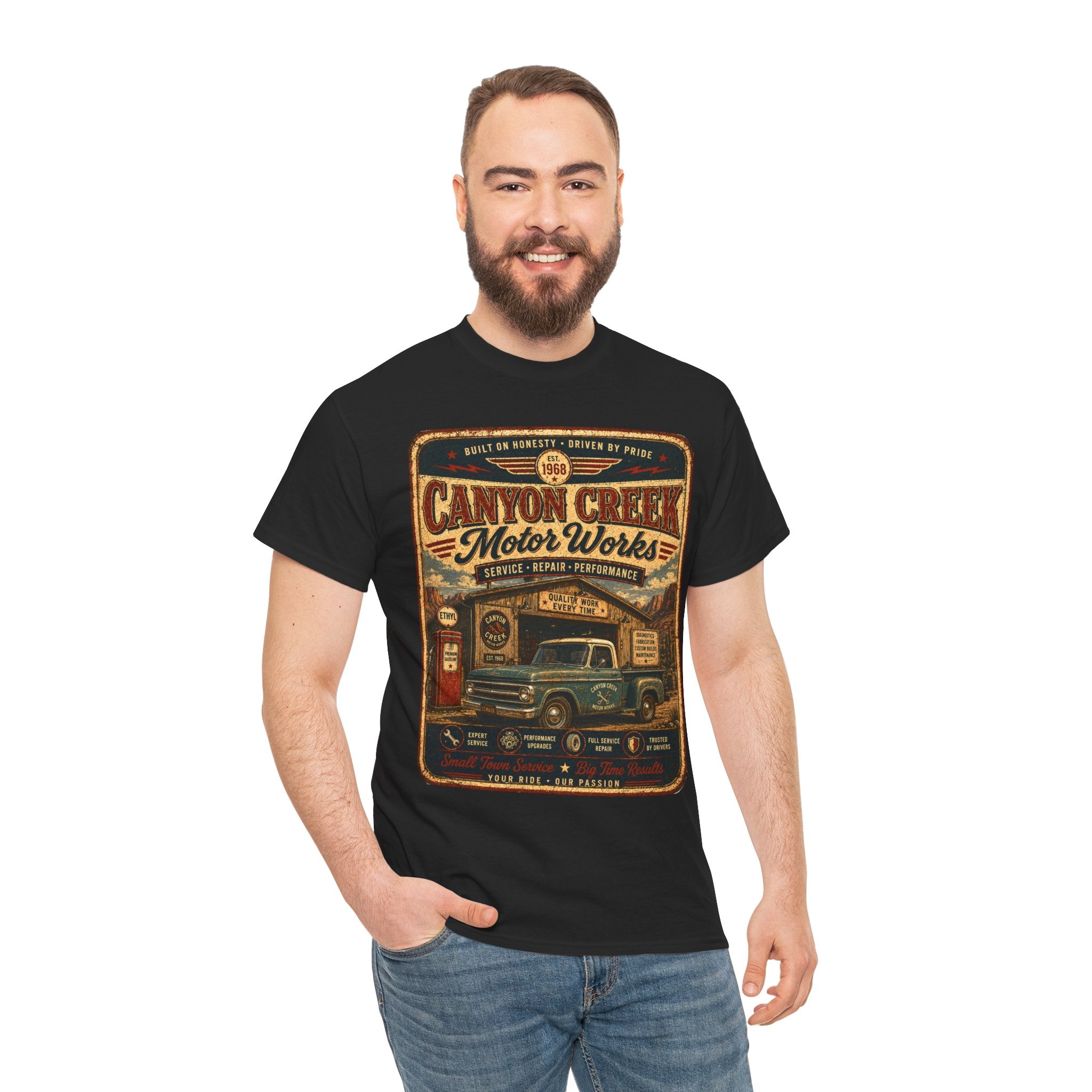 Canyon Creek Motor Works Vintage Mechanic T Shirt – Retro Pickup Truck Graphic Tee