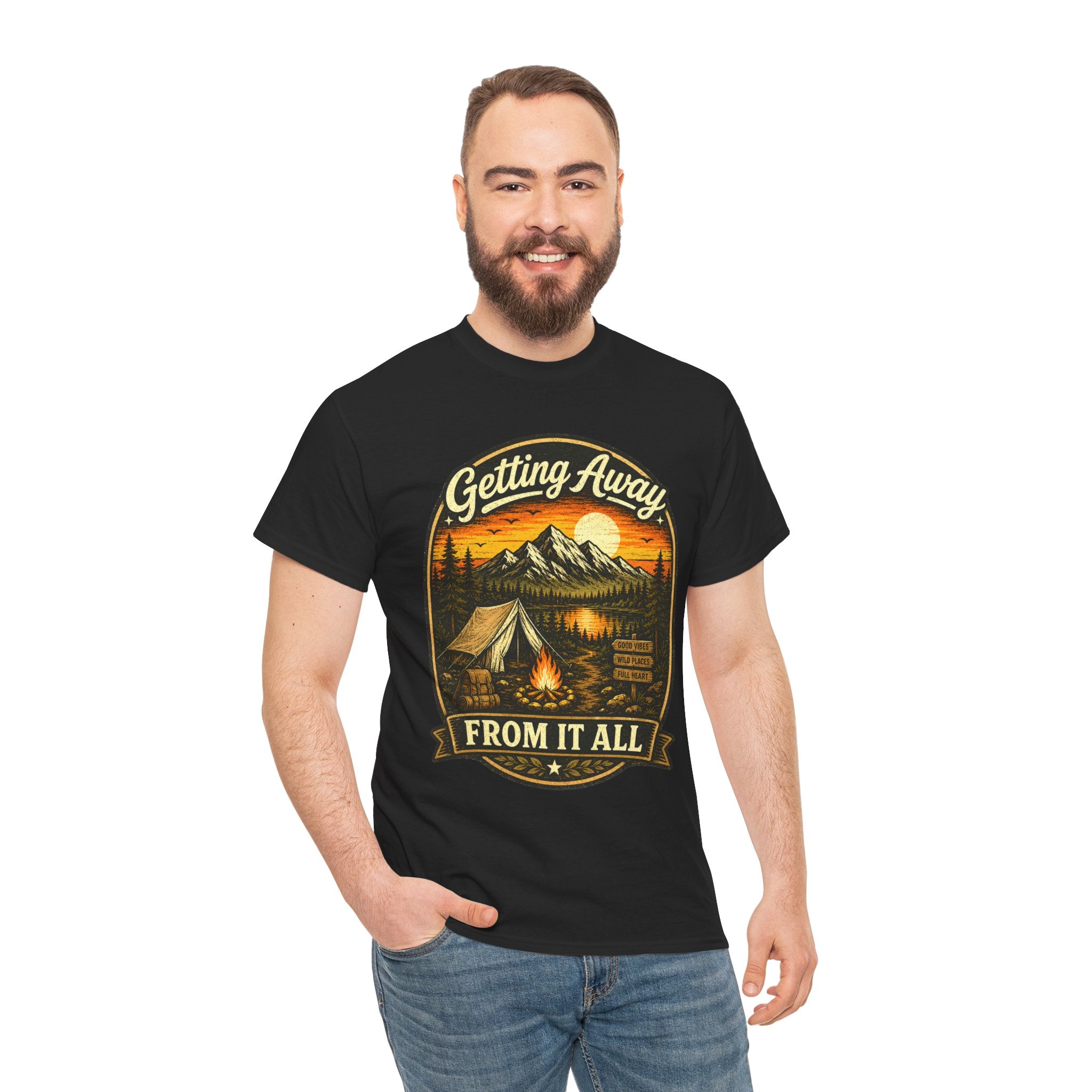 Getting Away From It All Camping T Shirt – Vintage Mountain Campfire Graphic Tee for Outdoor Lovers