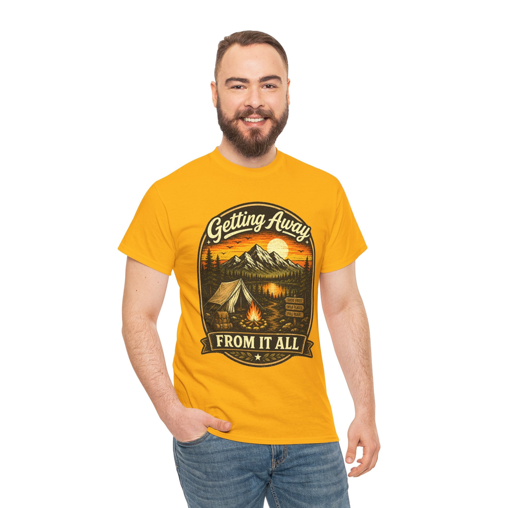 Getting Away From It All Camping T Shirt – Vintage Mountain Campfire Graphic Tee for Outdoor Lovers