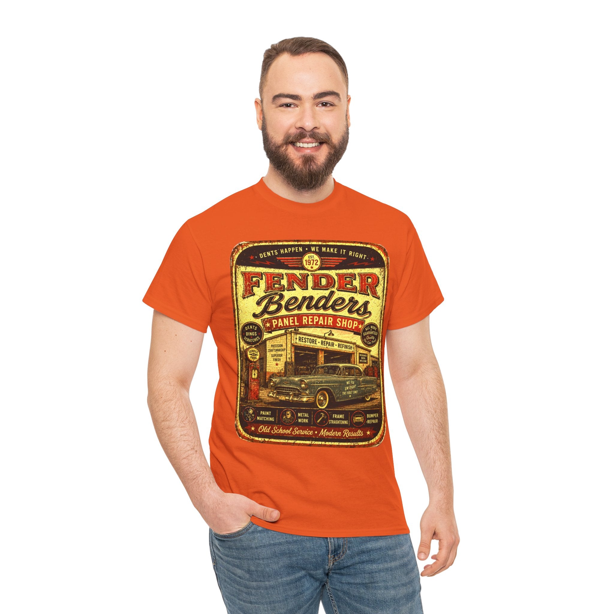 Fender Benders Vintage Panel Repair Shop T-Shirt – Retro Auto Mechanic Garage Graphic Tee