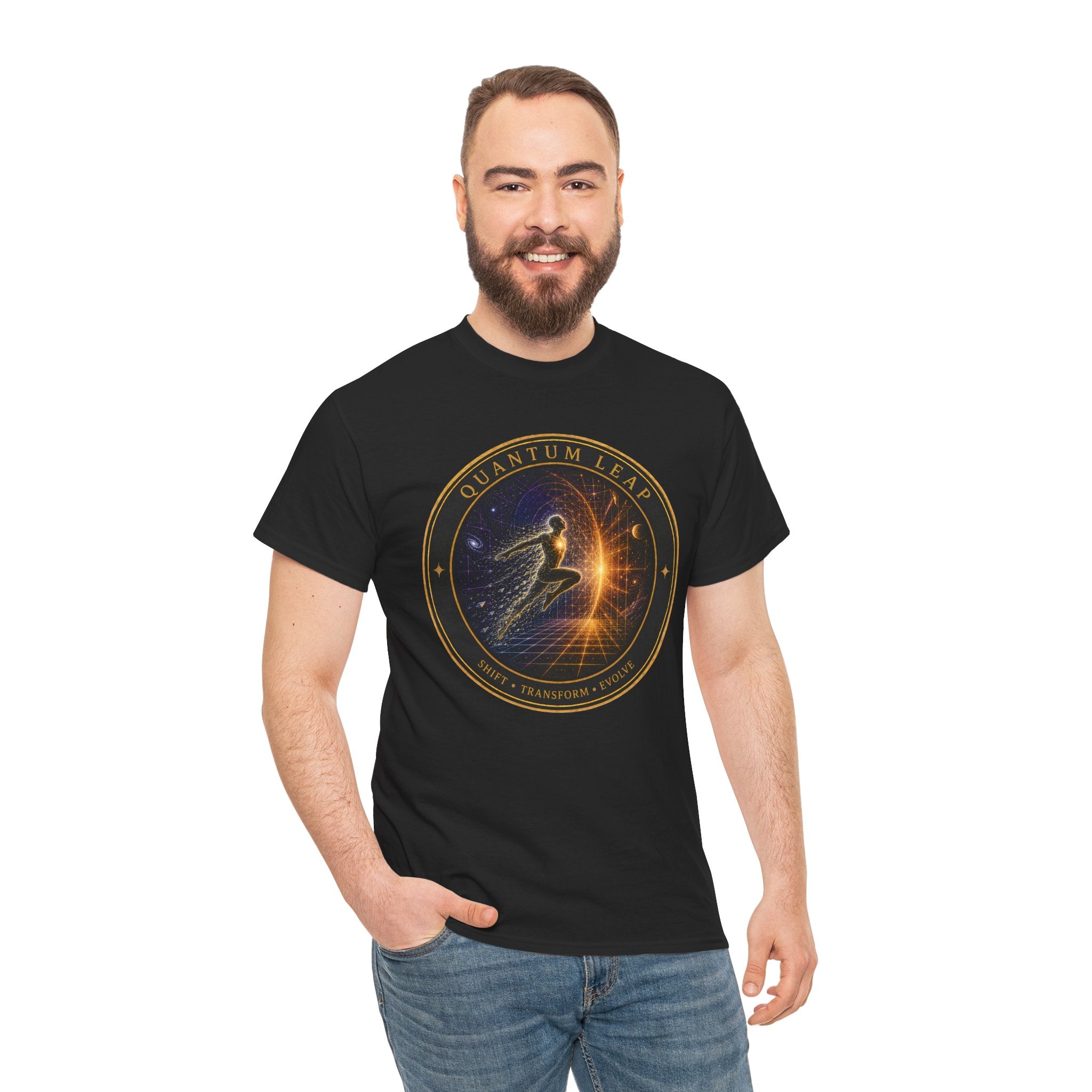 Quantum Leap Badge T-Shirt – Cosmic Transformation Graphic Tee