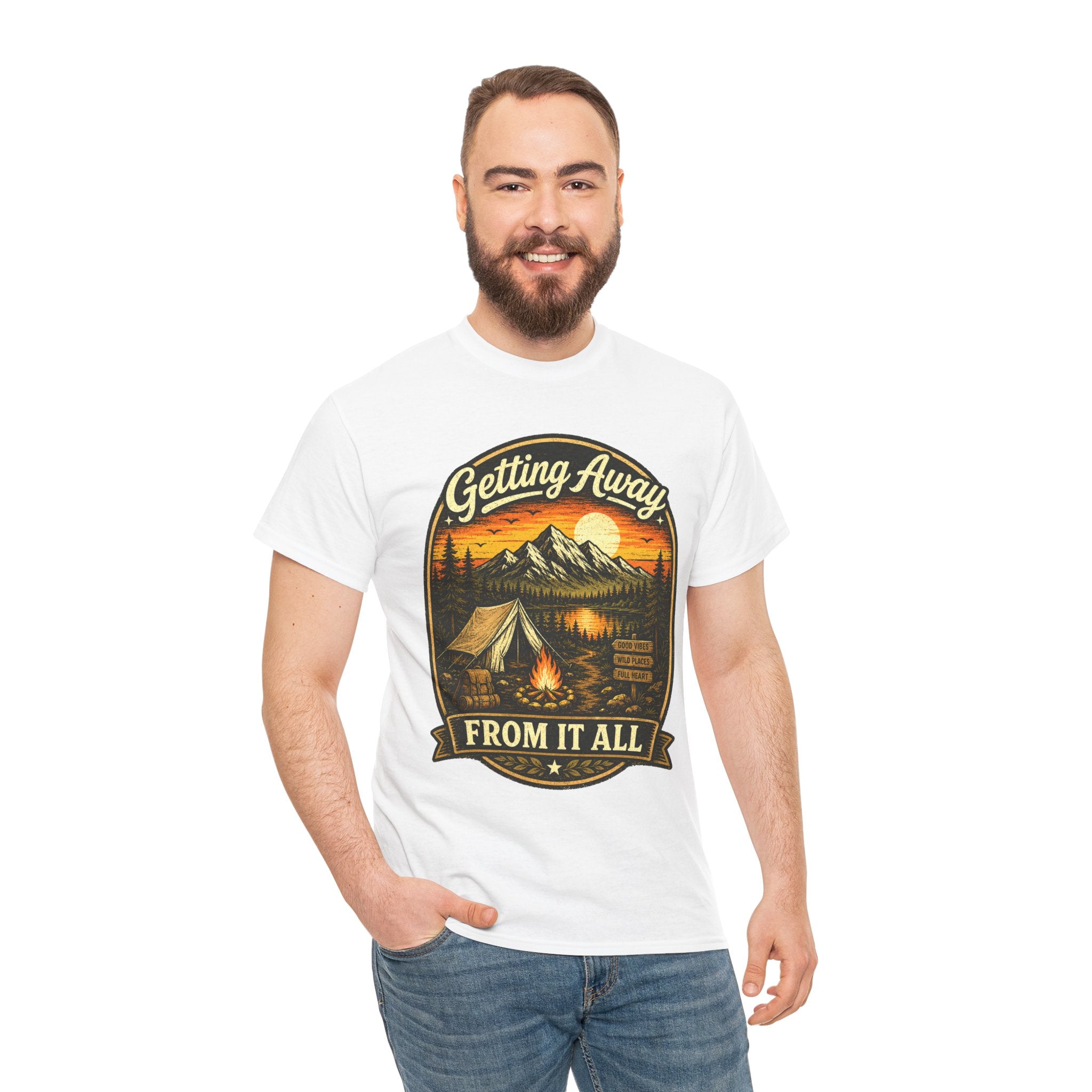 Getting Away From It All Camping T Shirt – Vintage Mountain Campfire Graphic Tee for Outdoor Lovers