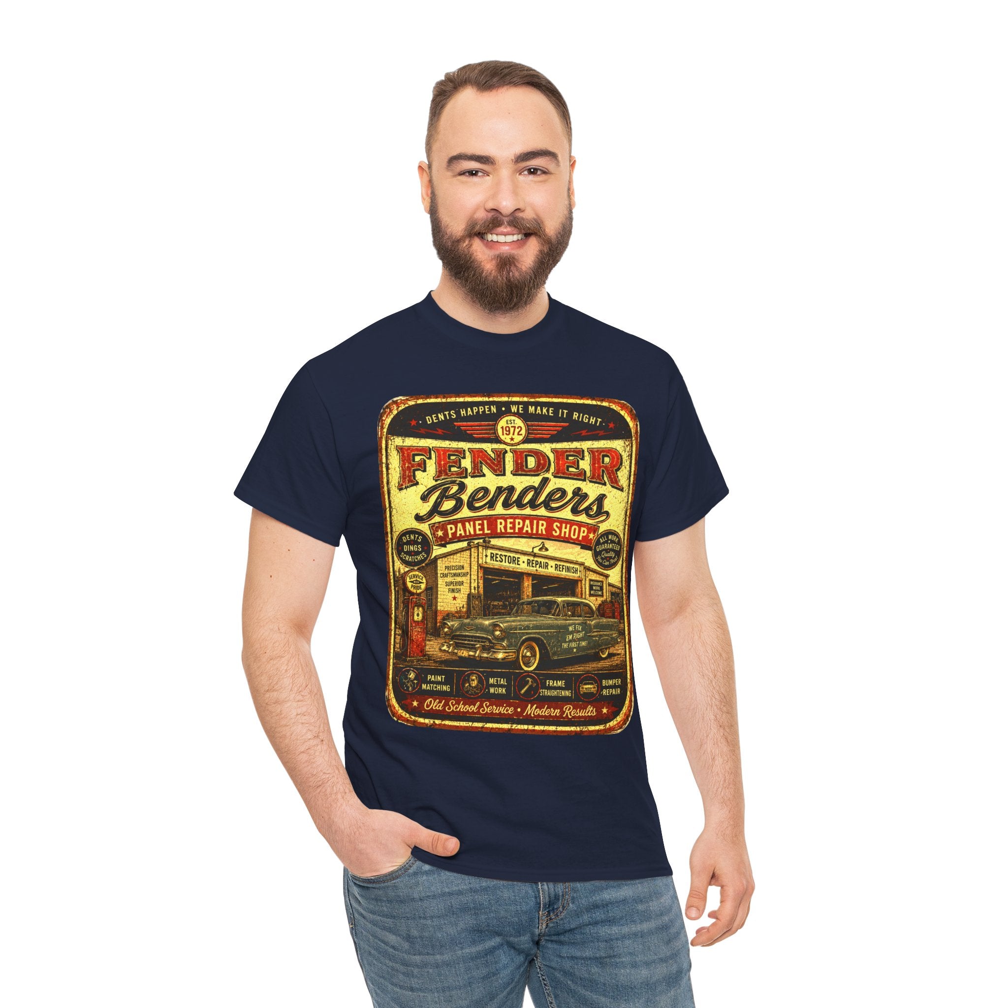 Fender Benders Vintage Panel Repair Shop T-Shirt – Retro Auto Mechanic Garage Graphic Tee