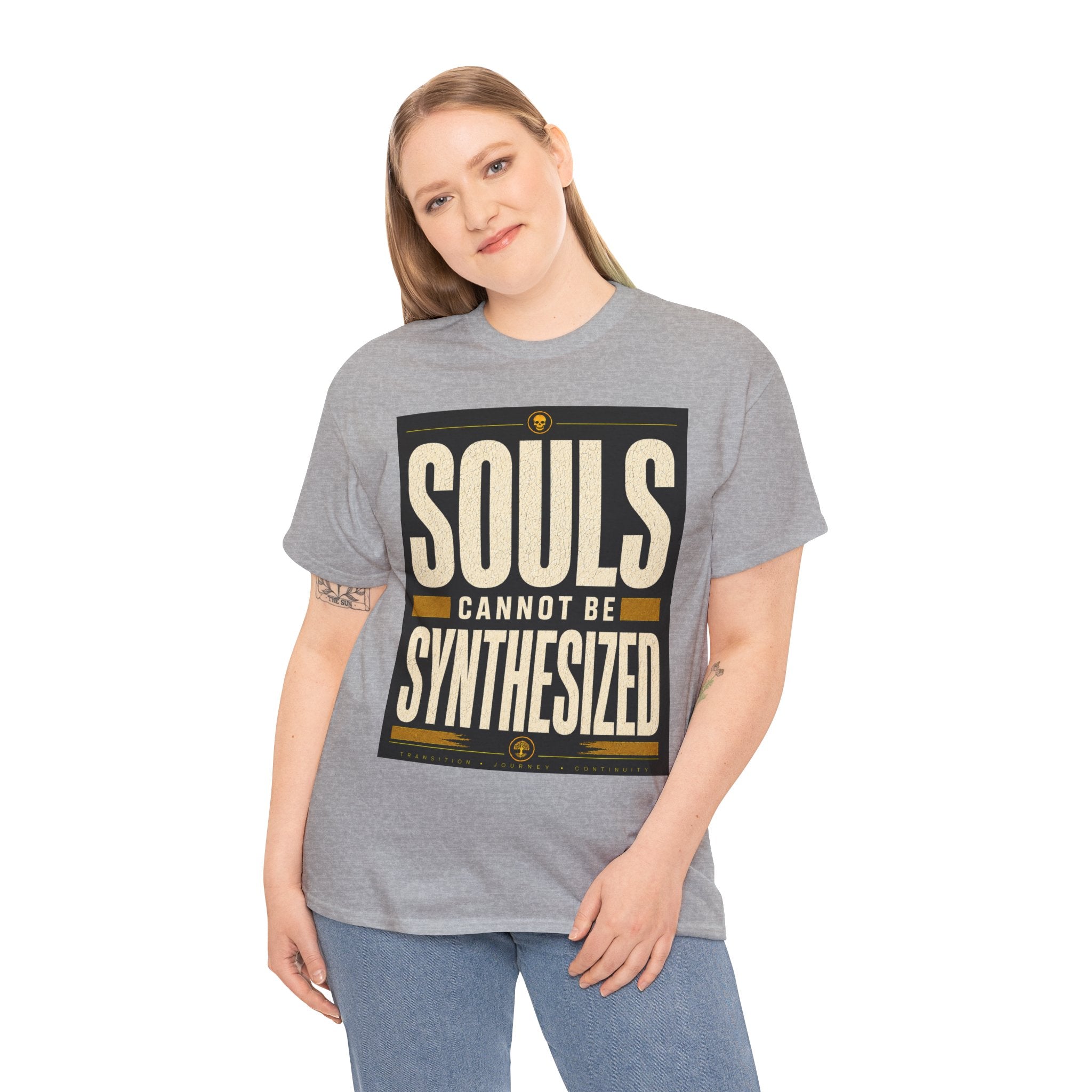Souls Cannot Be Synthesized T Shirt – Retro Philosophical AI Quote Graphic Tee