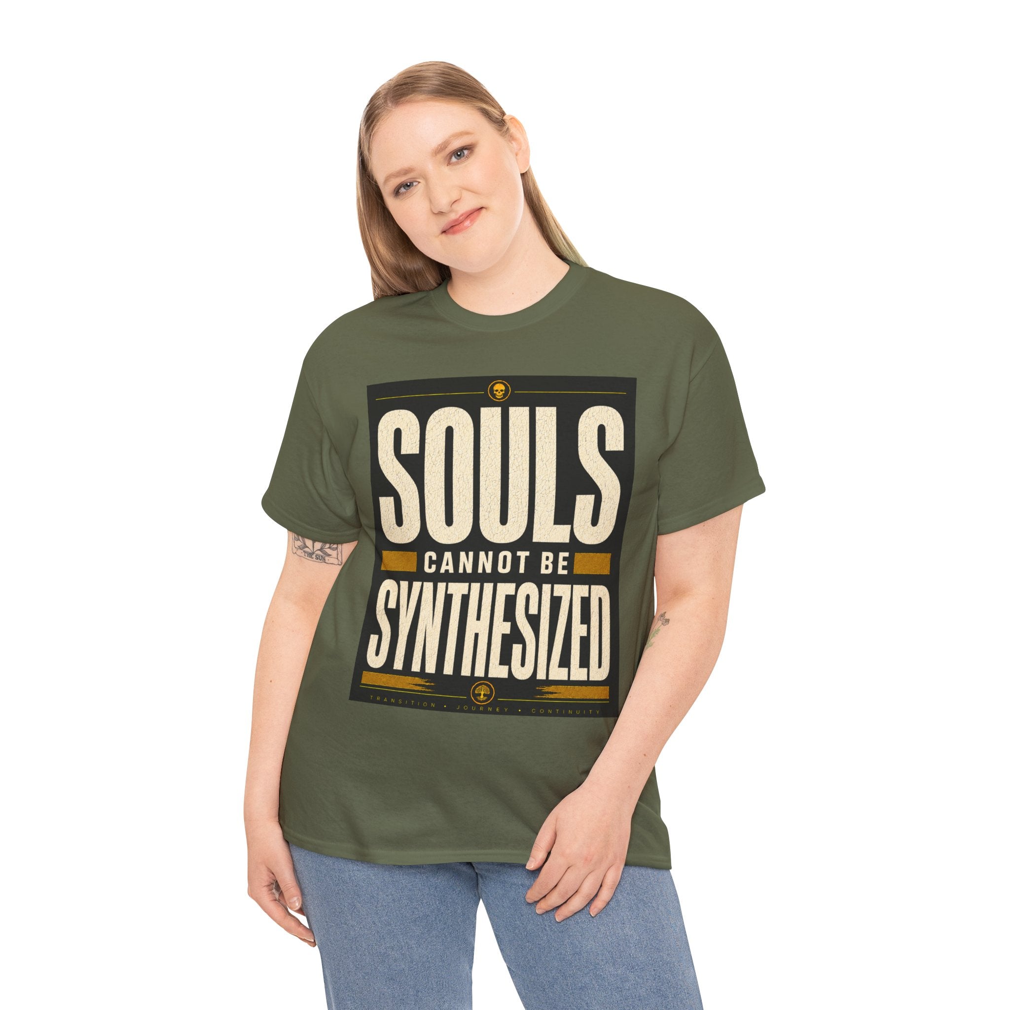 Souls Cannot Be Synthesized T Shirt – Retro Philosophical AI Quote Graphic Tee