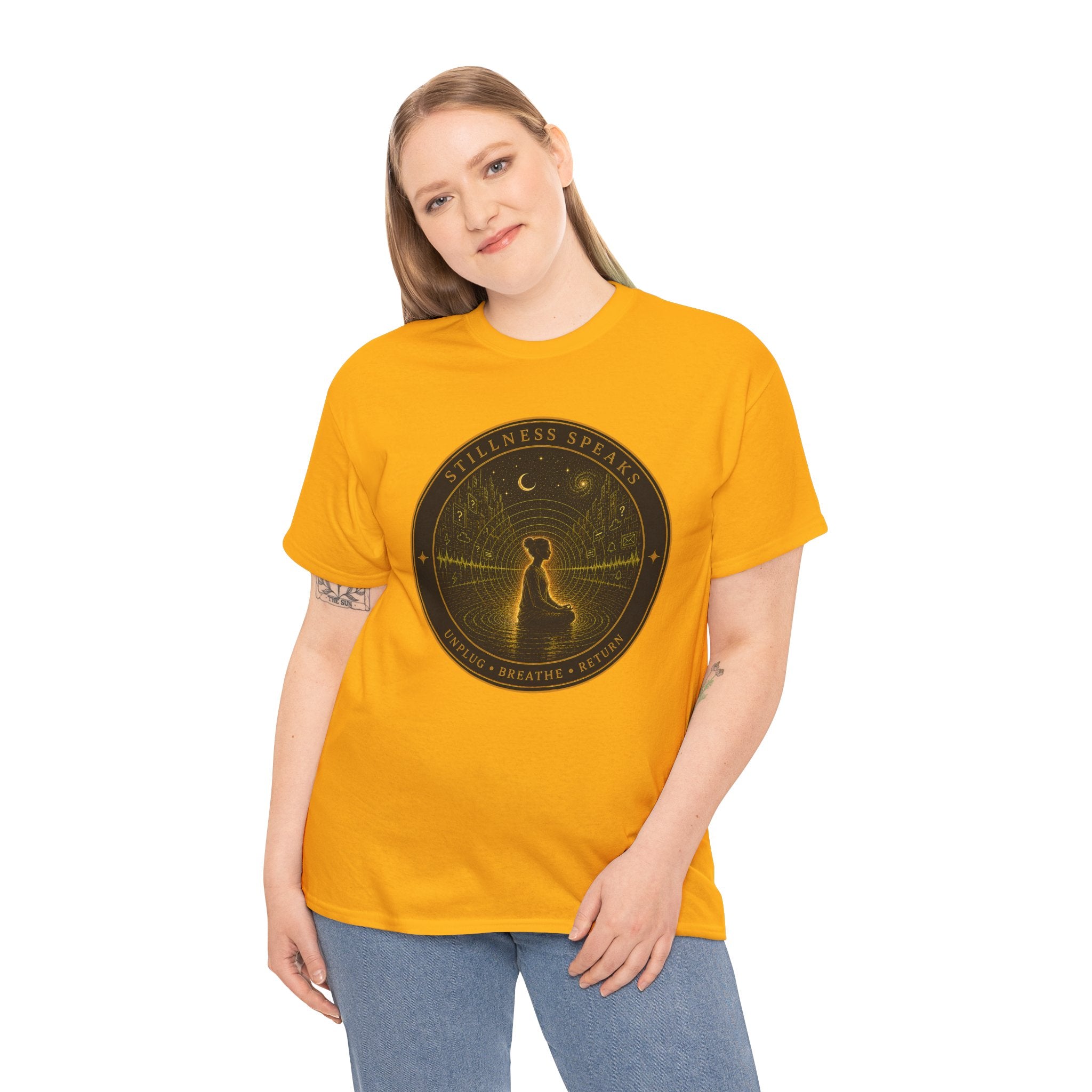 Stillness Speaks Badge T-Shirt – Digital Detox Meditation Graphic Tee