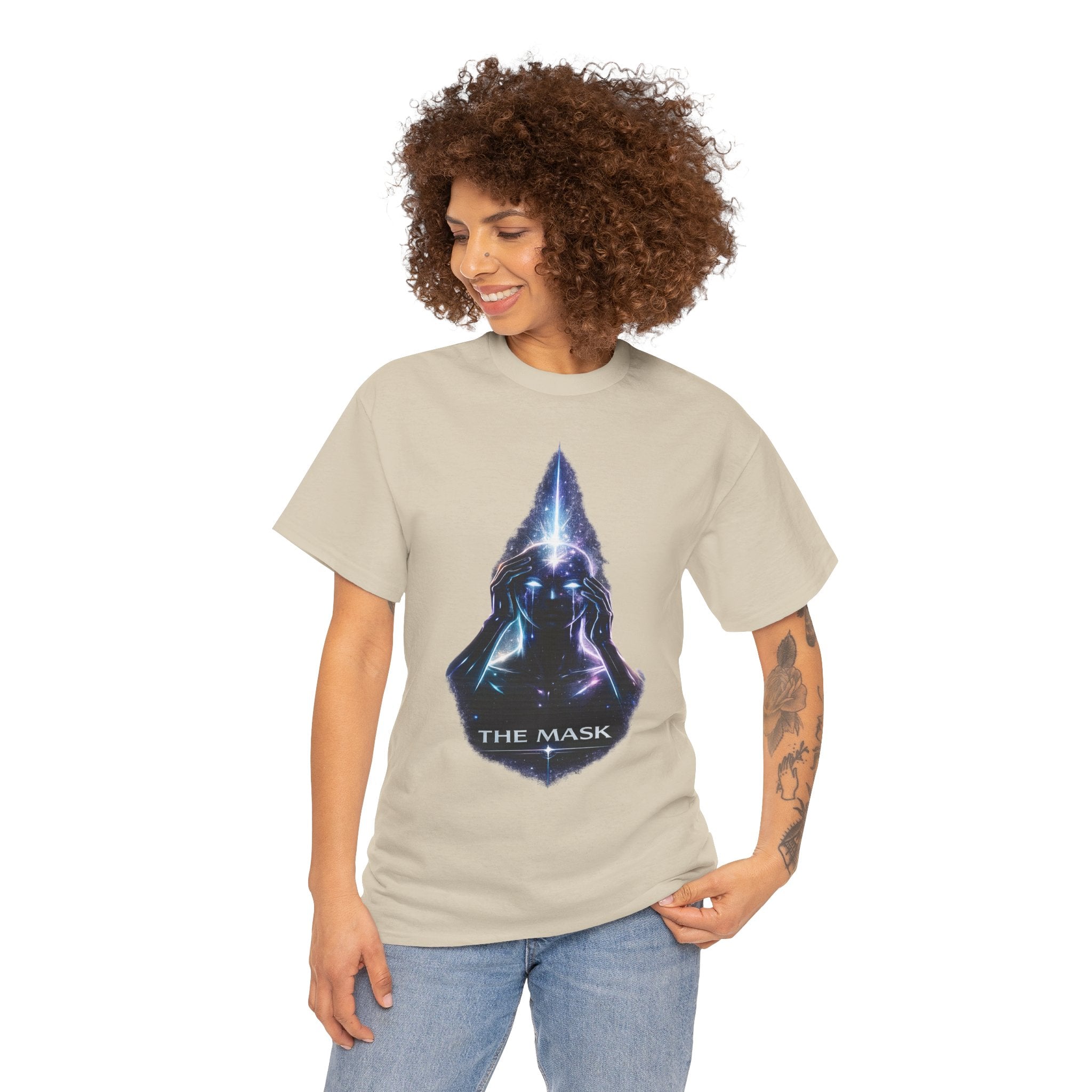 The Mask Cosmic Graphic T Shirt – Mystical Hooded Figure Spiritual Streetwear Tee