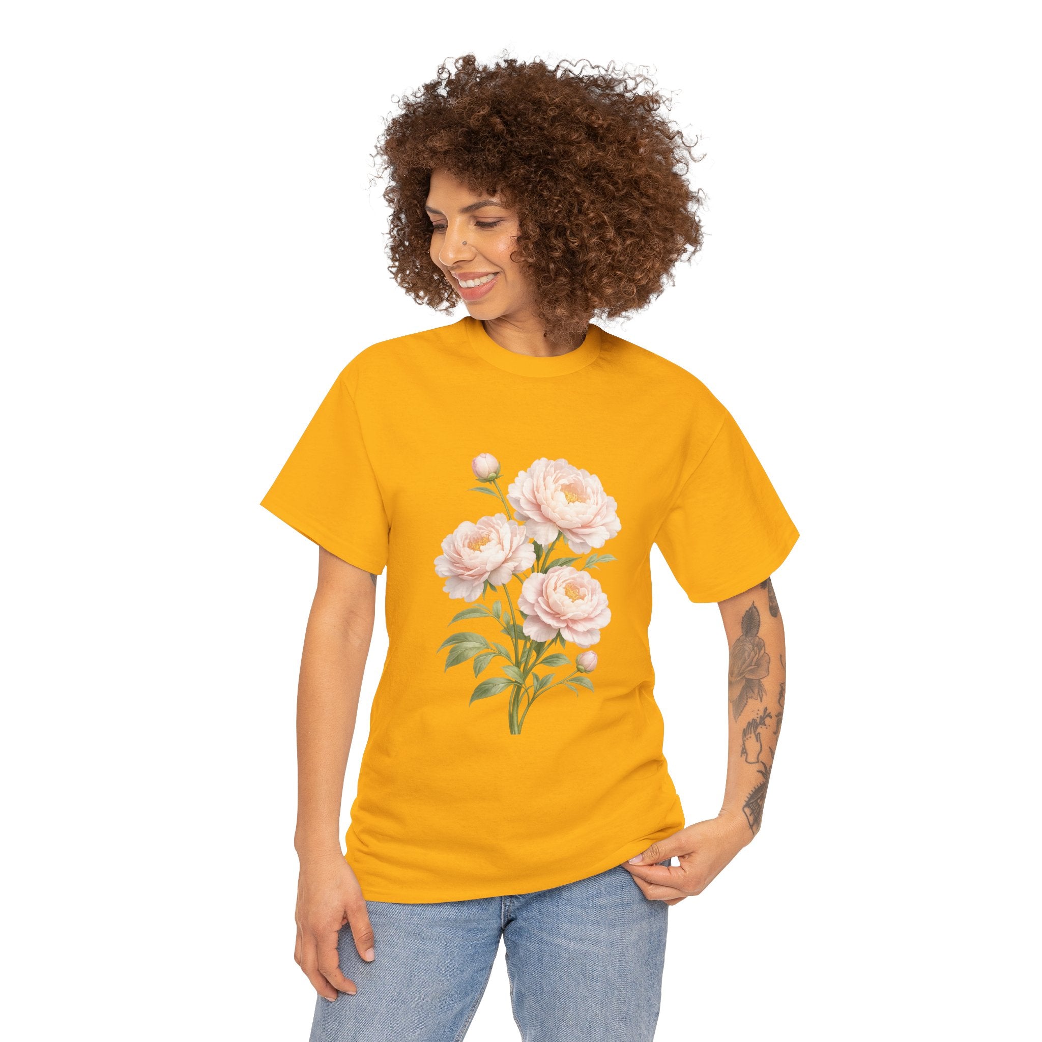 Soft Pink Peony Flower T-Shirt – Vintage Botanical Floral Graphic Tee for Women
