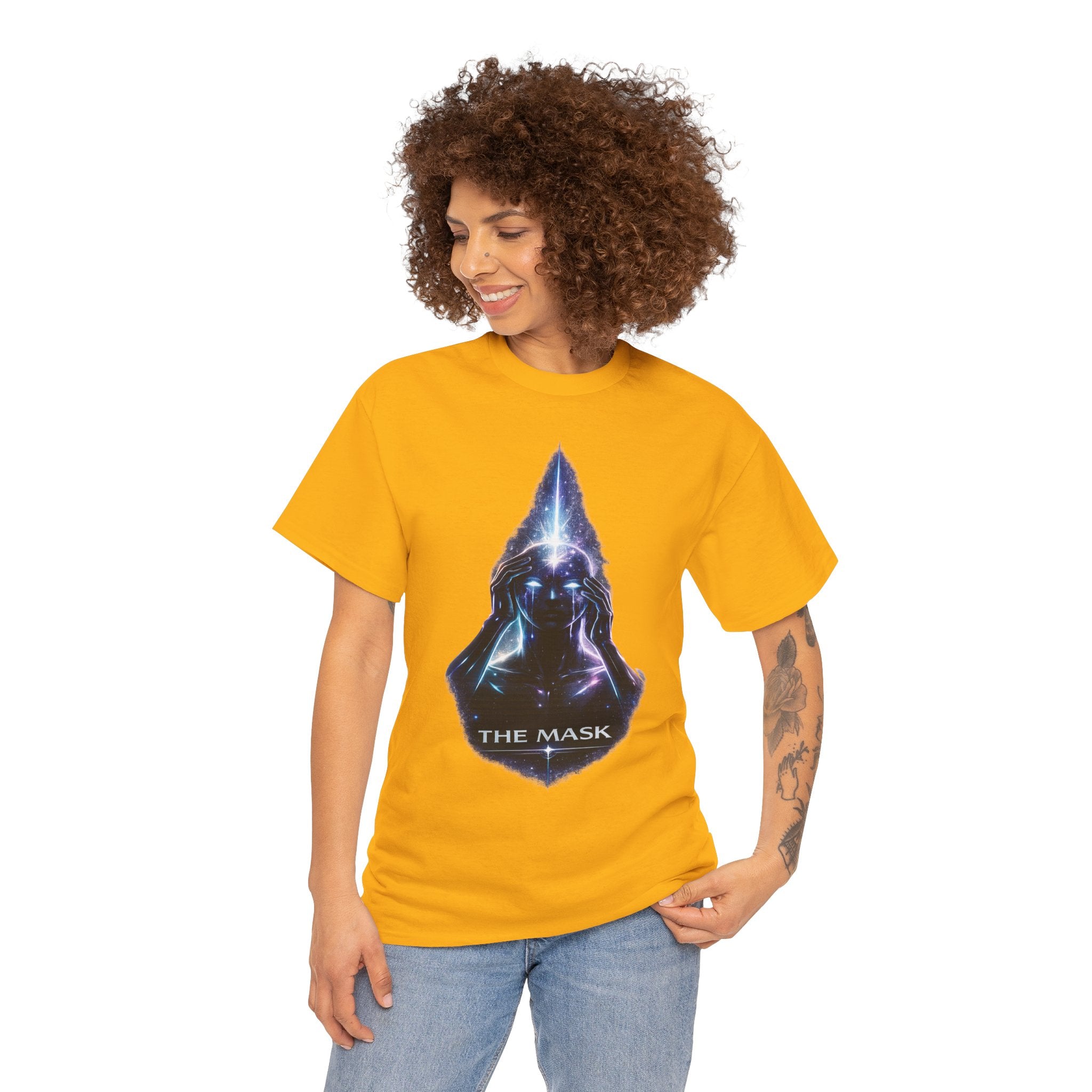 The Mask Cosmic Graphic T Shirt – Mystical Hooded Figure Spiritual Streetwear Tee
