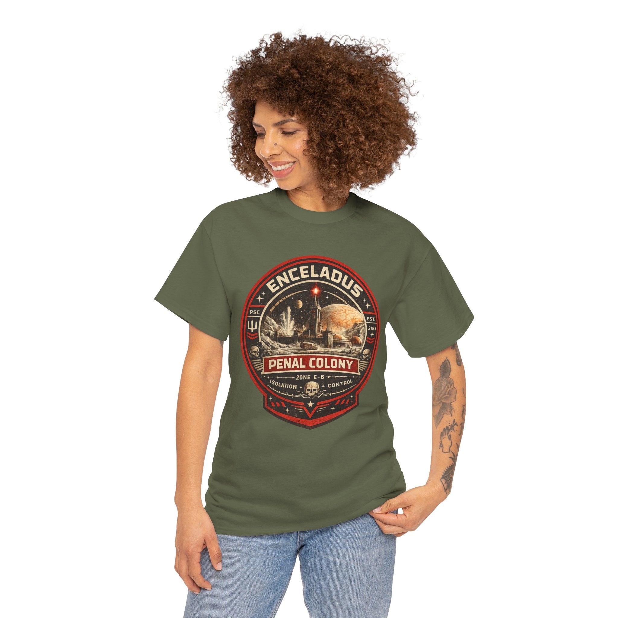 Enceladus Penal Colony T Shirt – Retro Sci Fi Space Prison Graphic Tee