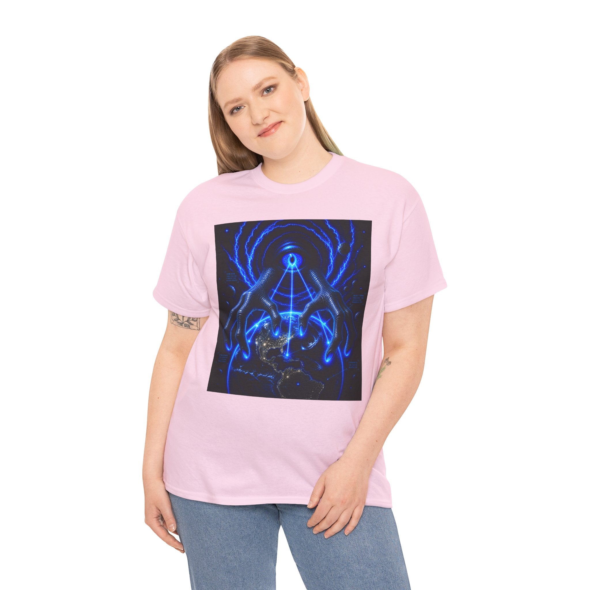 Sci Fi Cosmic Alien Grab T Shirt – Neon Blue Mystic Eye Graphic Tee