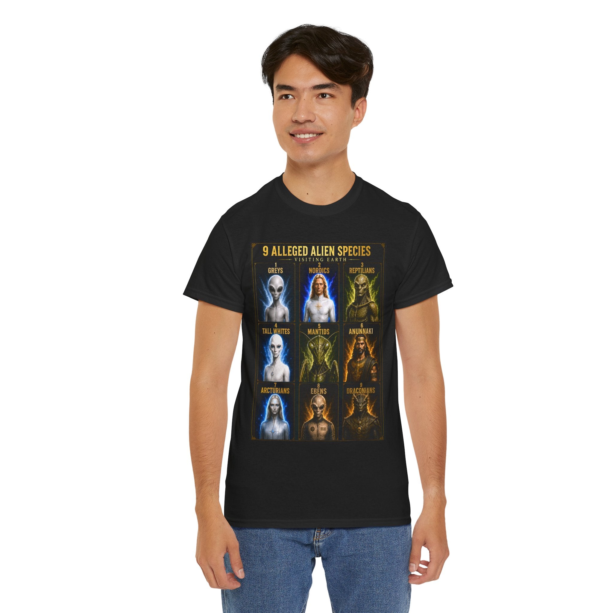 9 Alleged Alien Species T-Shirt – Ancient Aliens Sci-Fi Graphic Tee for UFO Fans