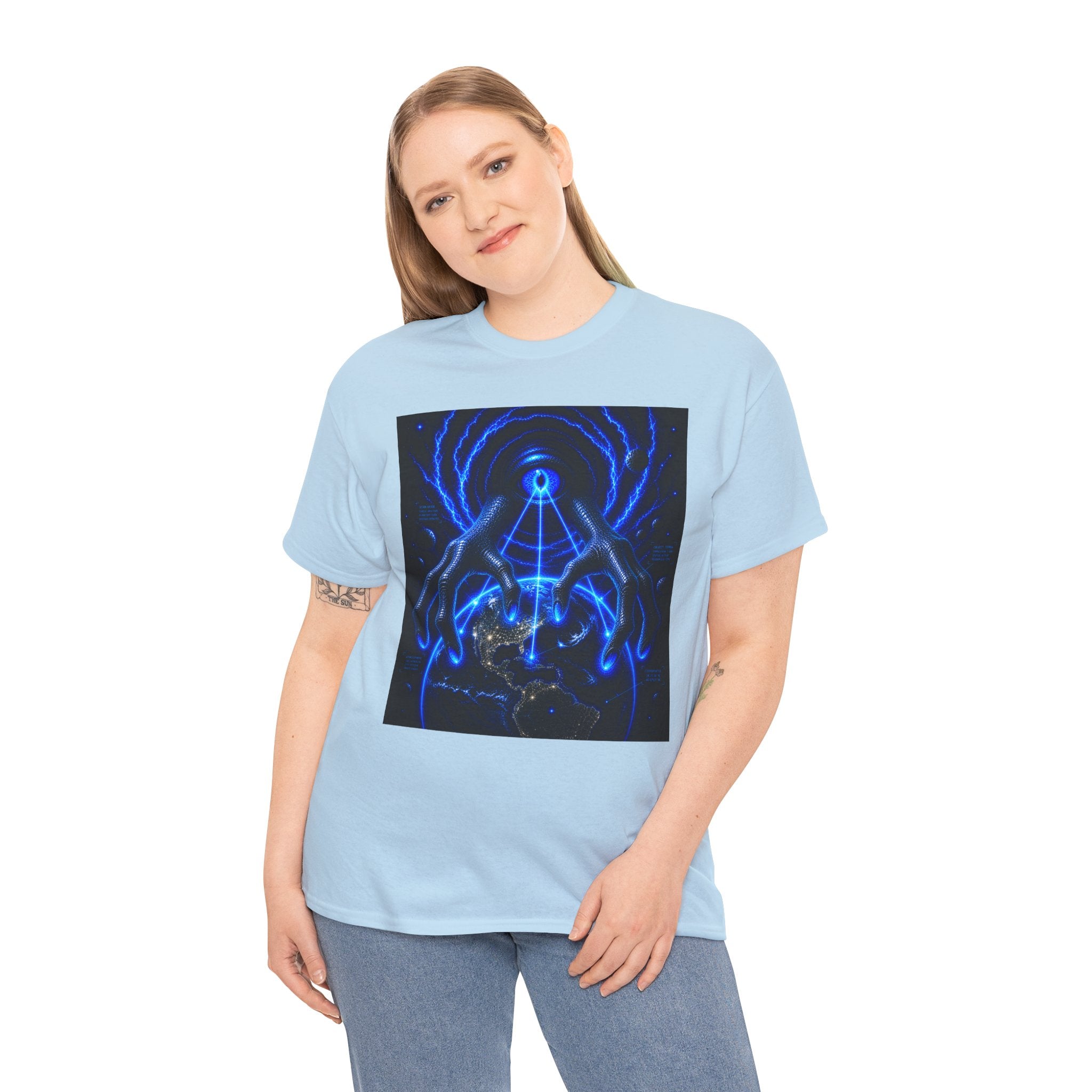 Sci Fi Cosmic Alien Grab T Shirt – Neon Blue Mystic Eye Graphic Tee