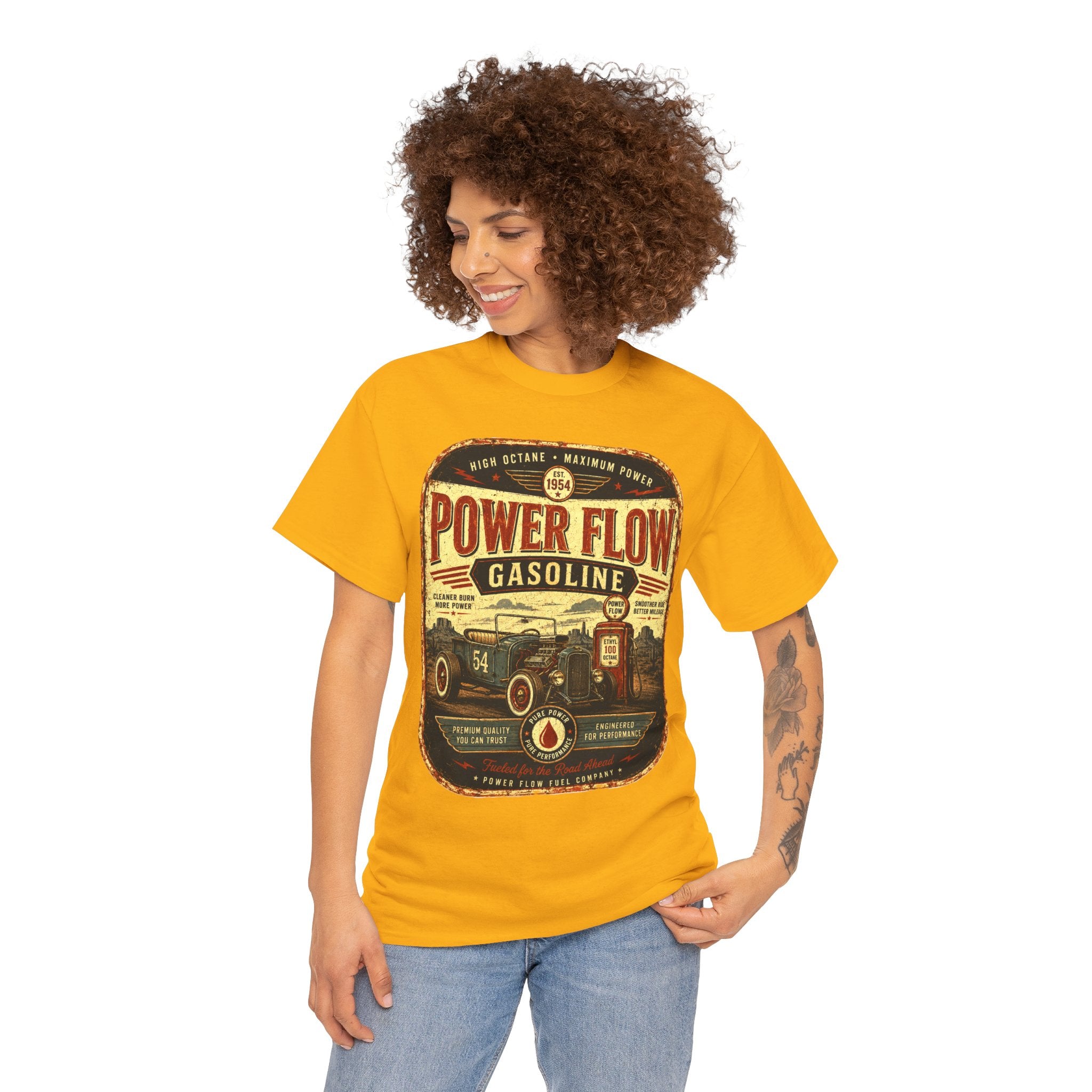 Power Flow Gasoline Vintage Hot Rod T-Shirt – Retro Gas Station Automotive Graphic Tee for Car Lovers