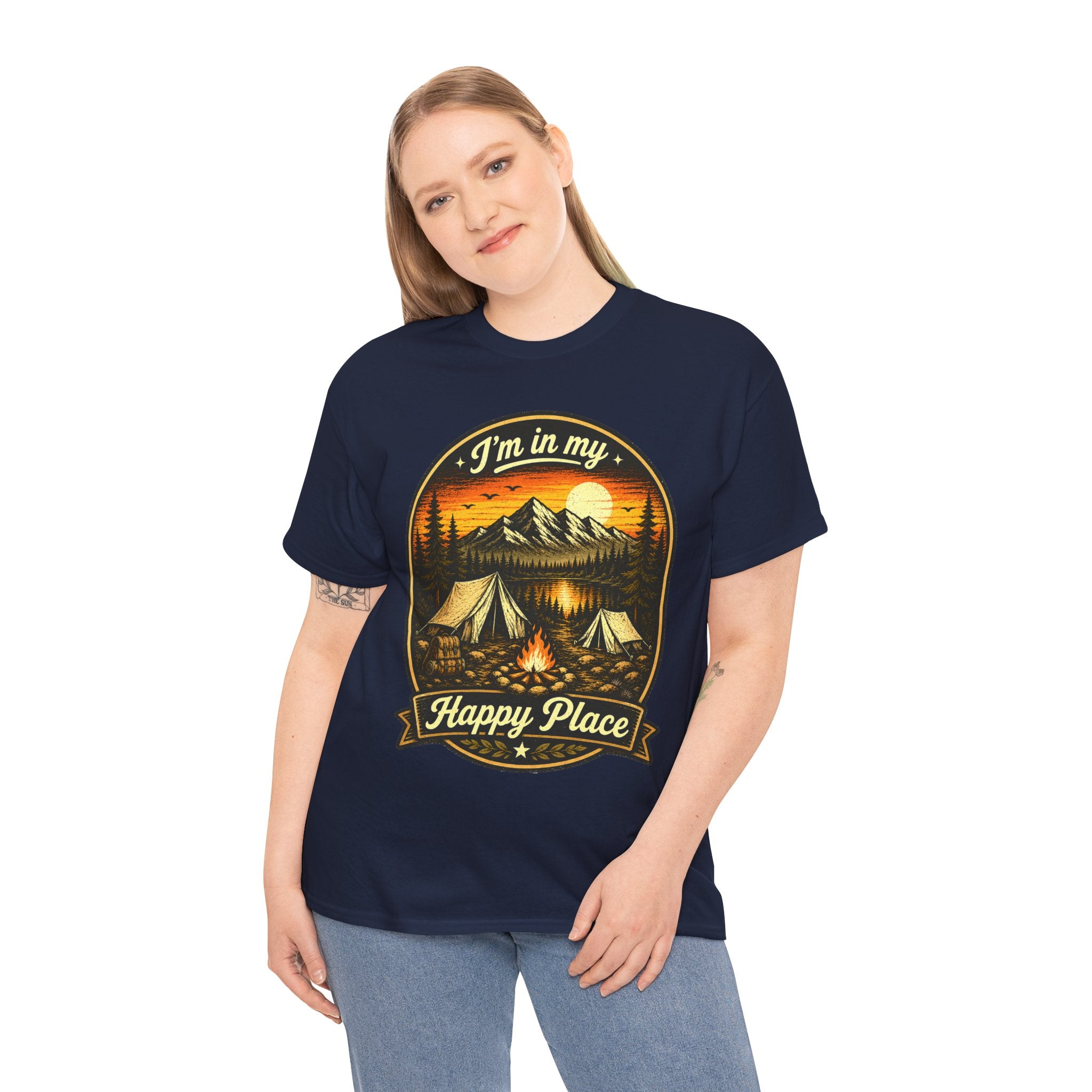 I’m In My Happy Place Camping T Shirt – Vintage Campfire Graphic Tee for Hikers & Outdoor Lovers