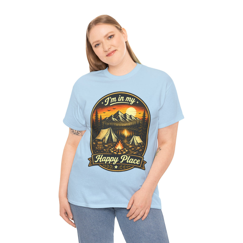 I’m In My Happy Place Camping T Shirt – Vintage Campfire Graphic Tee for Hikers & Outdoor Lovers