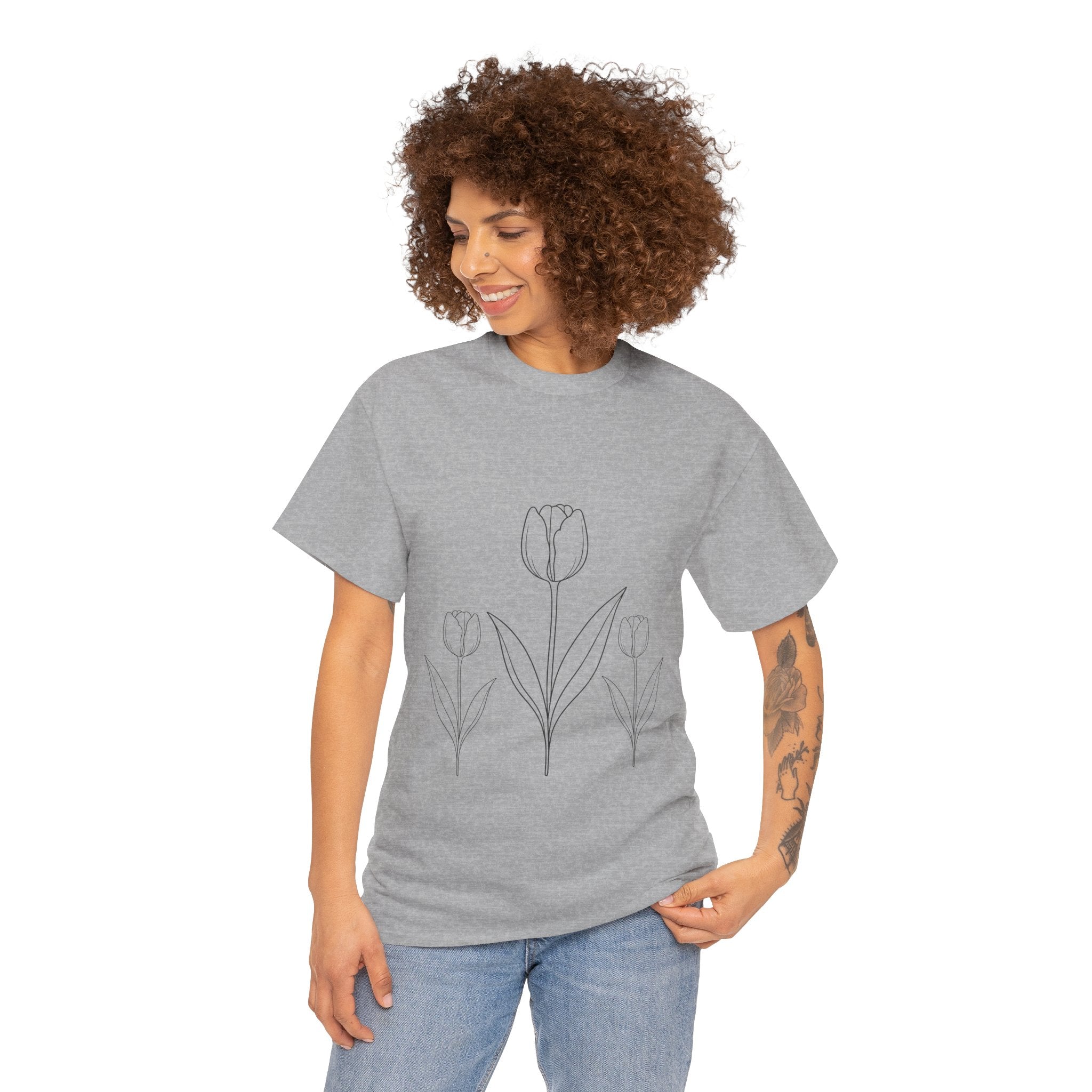 Minimal Tulip Line Art T Shirt – Elegant Floral Sketch Graphic Tee for Women