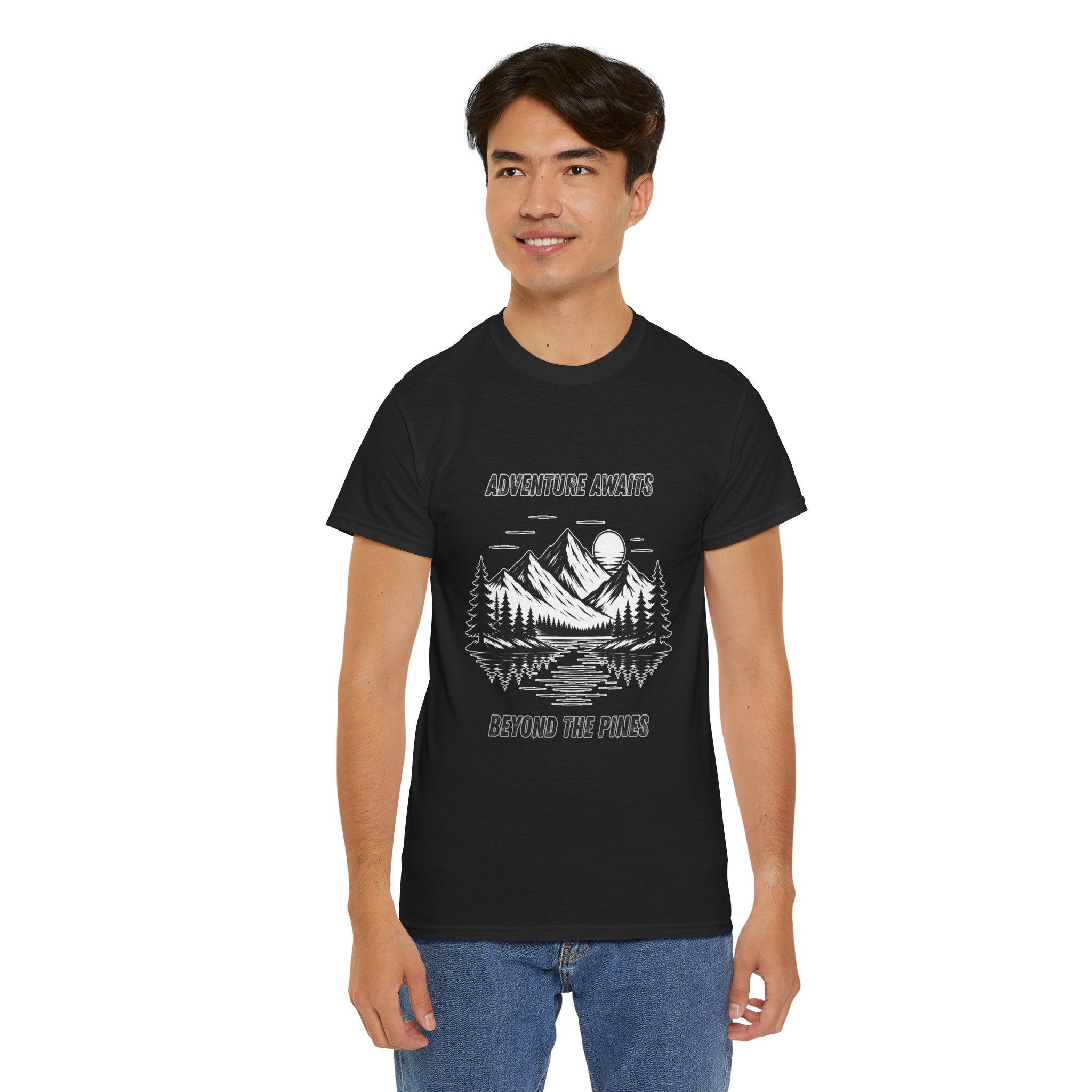 Adventure Awaits Beyond The Pines T Shirt – Mountain Lake Hiking Camping Graphic Tee