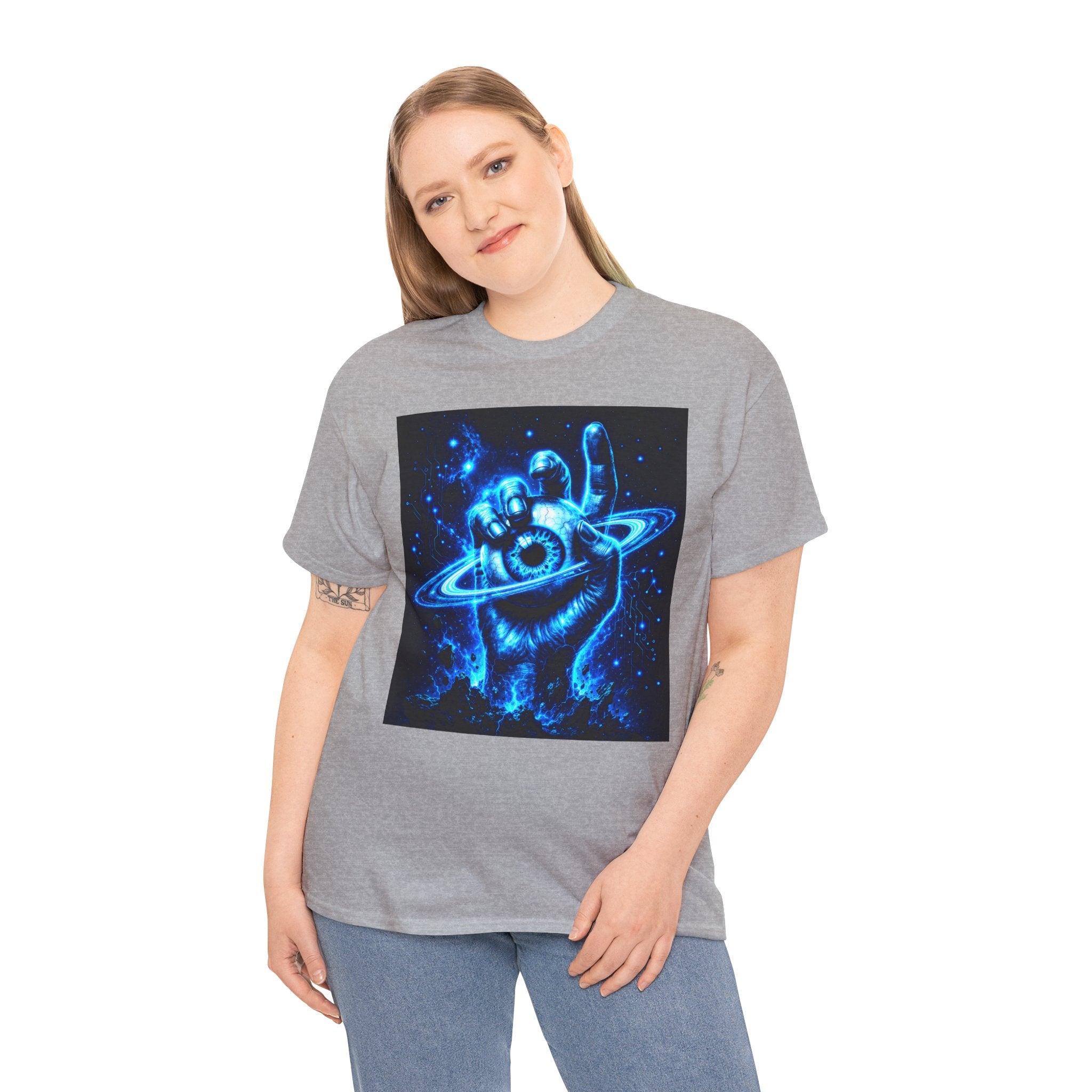 Sci Fi Cosmic Hand Planet Eye T Shirt – Neon Blue Space Graphic Tee