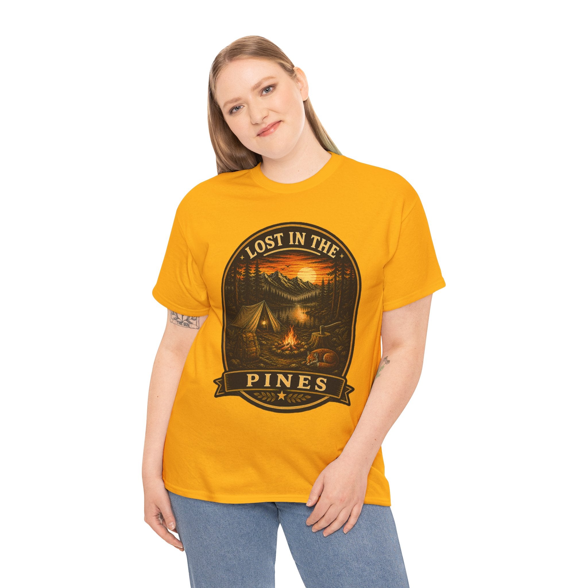 Lost in the Pines Camping T Shirt – Vintage Campfire Mountain Outdoor Graphic Tee
