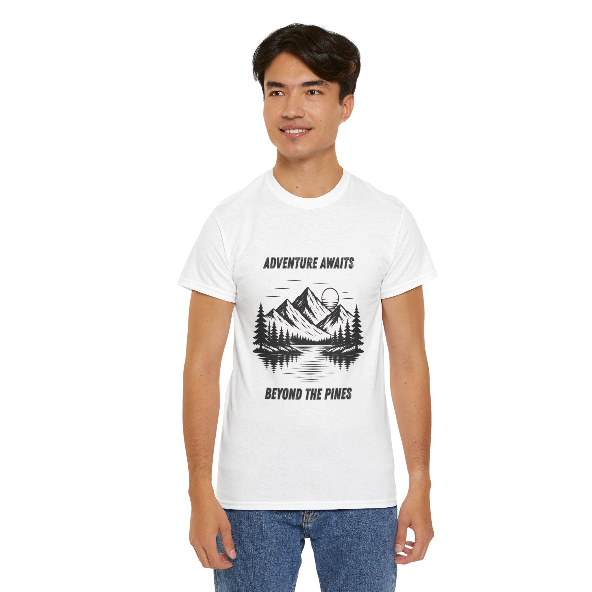 Adventure Awaits Beyond The Pines T Shirt – Mountain Lake Hiking Camping Graphic Tee