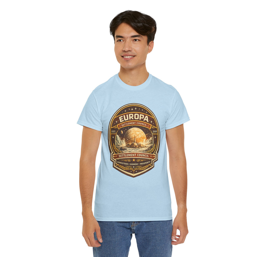Europa Settlement Council T Shirt – Retro Sci Fi Space Colony Graphic Tee
