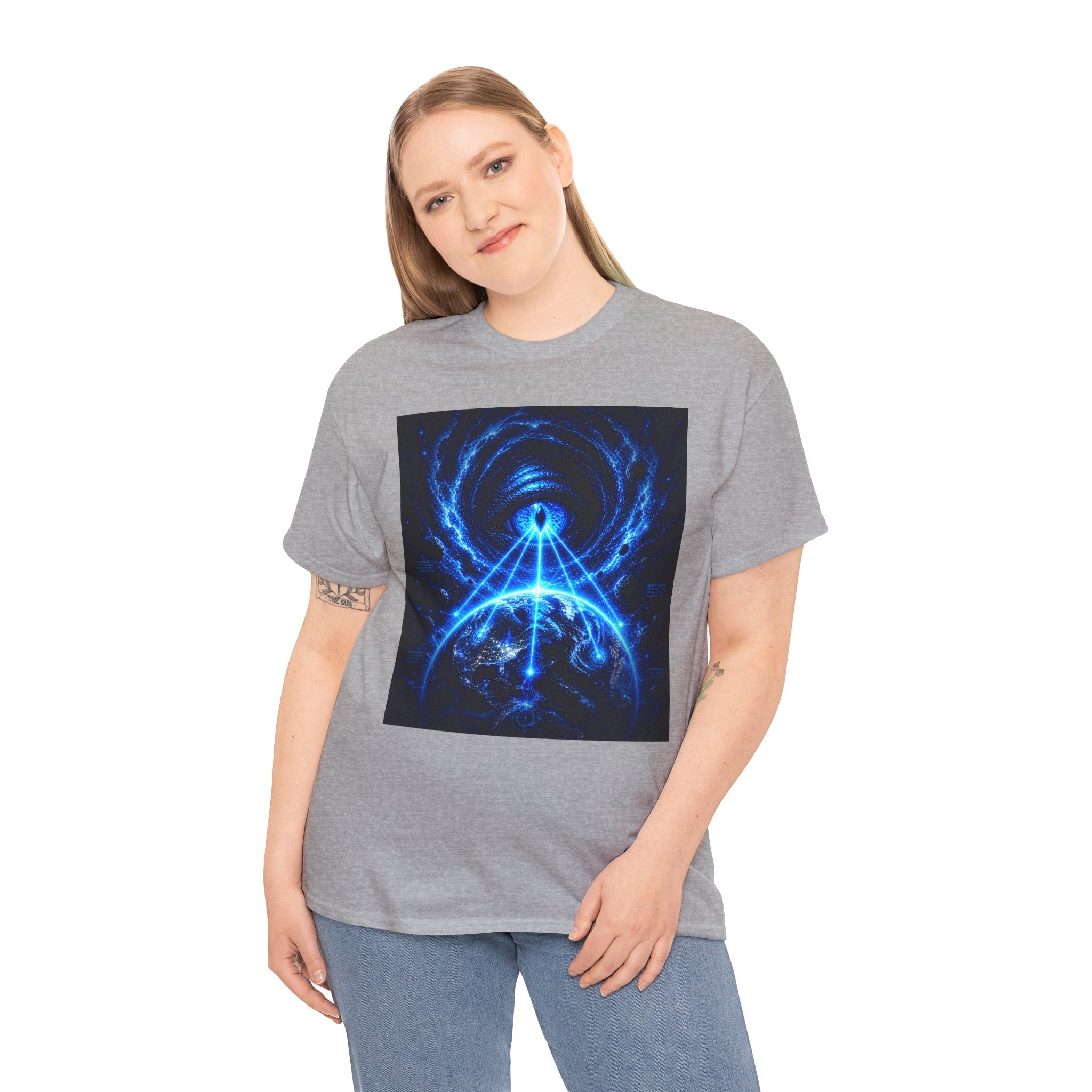 Sci Fi Cosmic Alien Scanning Eye T Shirt – Electric Blue Arcane Symbol Graphic Tee
