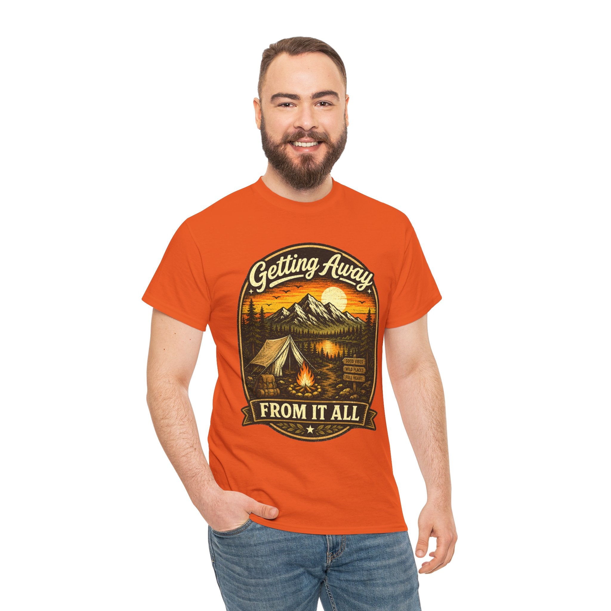 Getting Away From It All Camping T Shirt – Vintage Mountain Campfire Graphic Tee for Outdoor Lovers