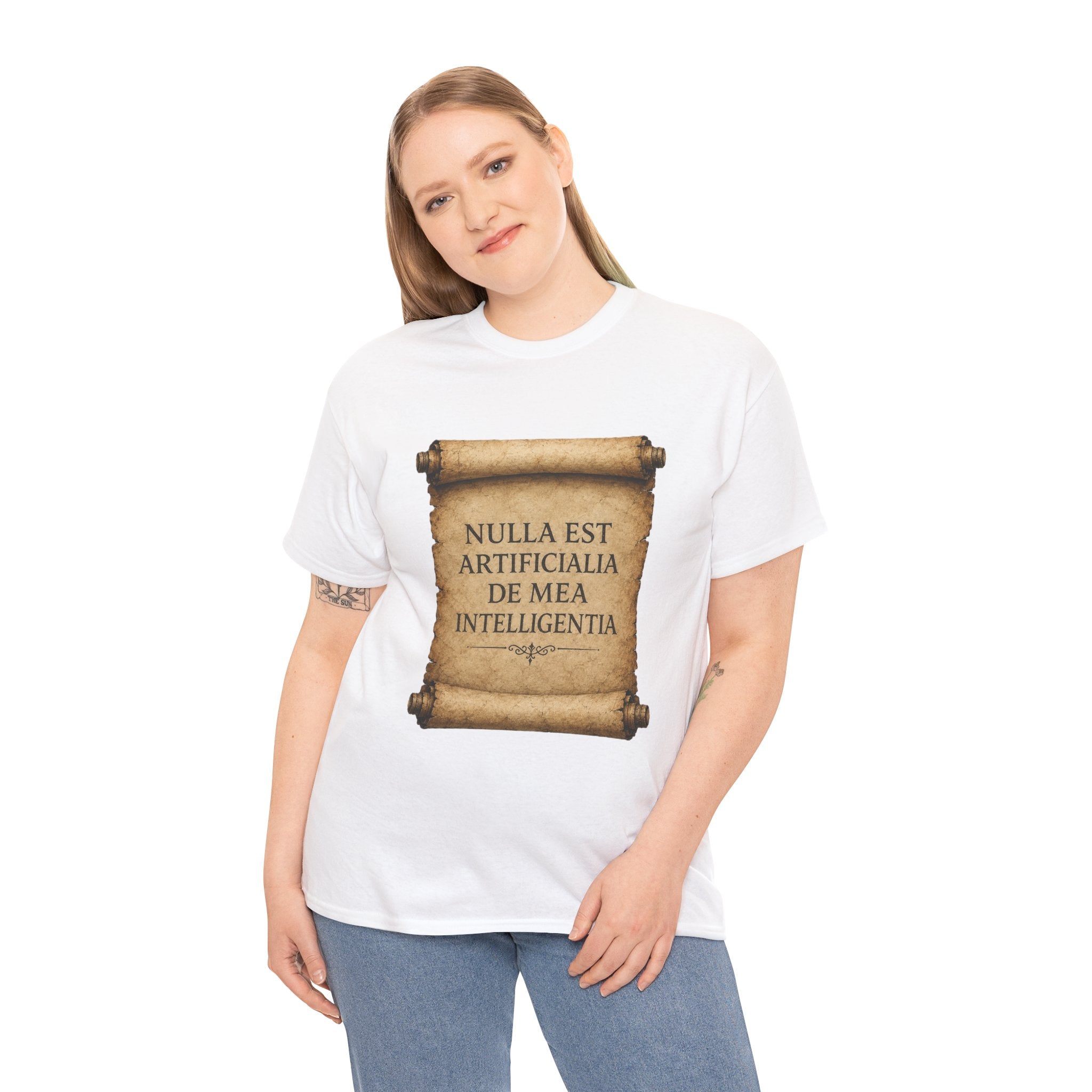 Latin Philosophy T Shirt – Nulla Est Artificialia De Mea Intelligentia Vintage Scroll Graphic Tee