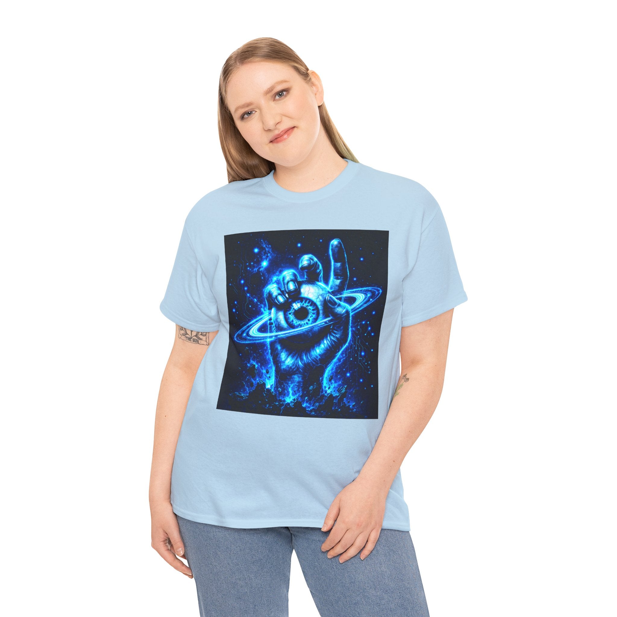 Sci Fi Cosmic Hand Planet Eye T Shirt – Neon Blue Space Graphic Tee