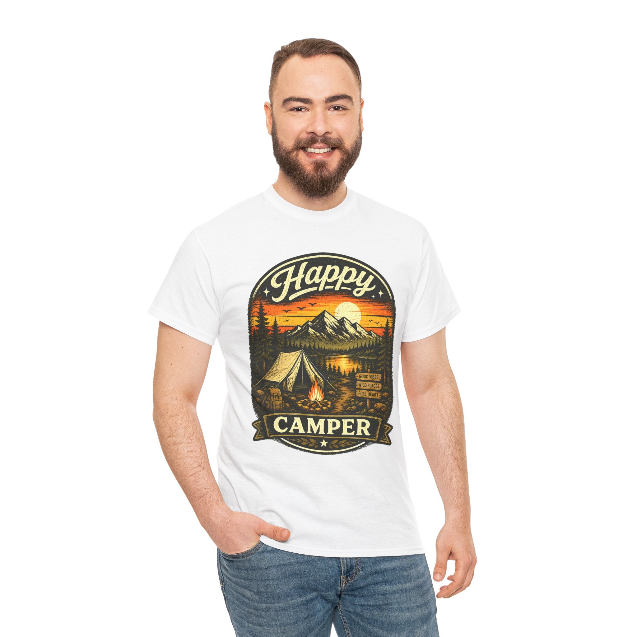 Happy Camper T Shirt – Vintage Camping Graphic Tee for Hikers & Outdoor Adventure Lovers