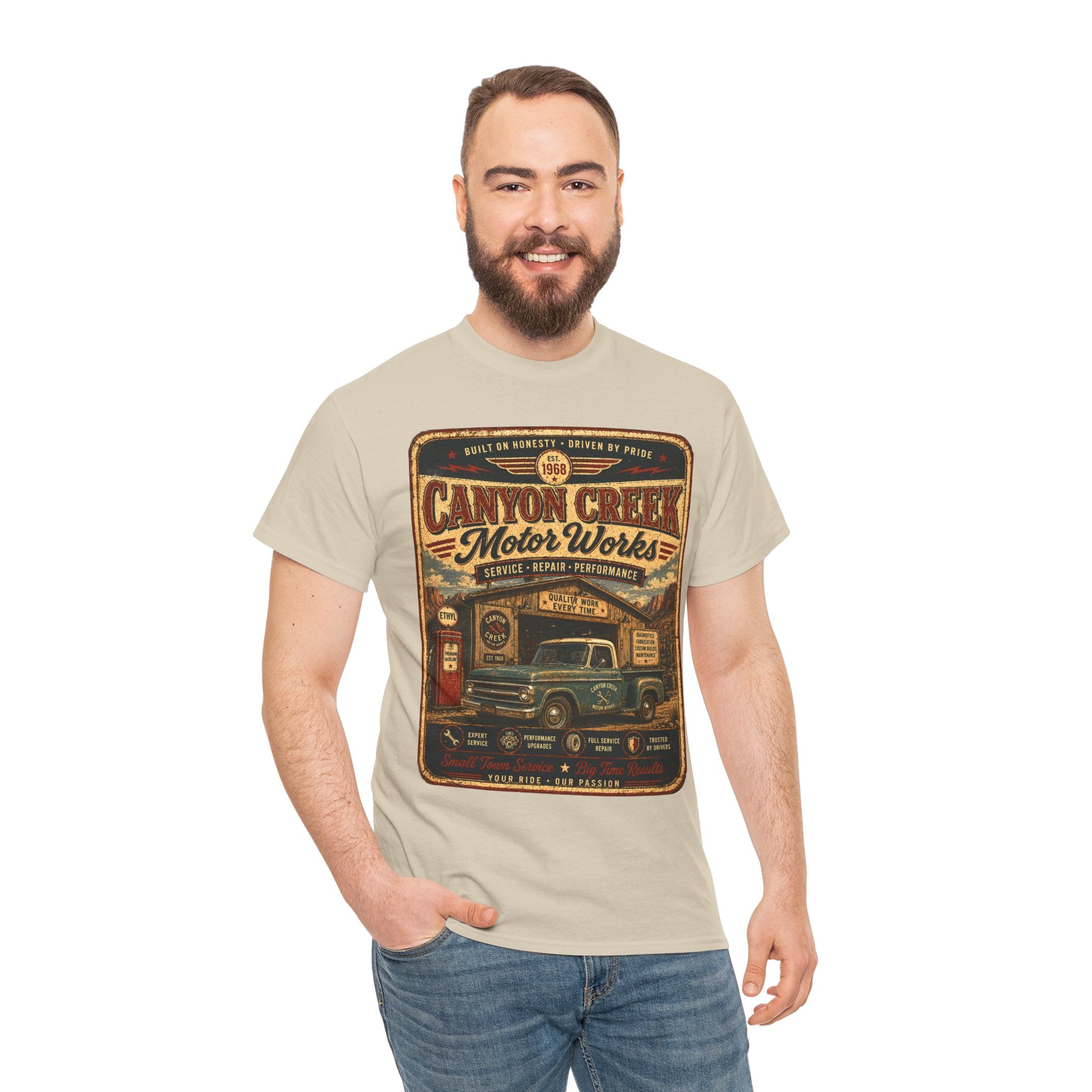 Canyon Creek Motor Works Vintage Mechanic T Shirt – Retro Pickup Truck Graphic Tee