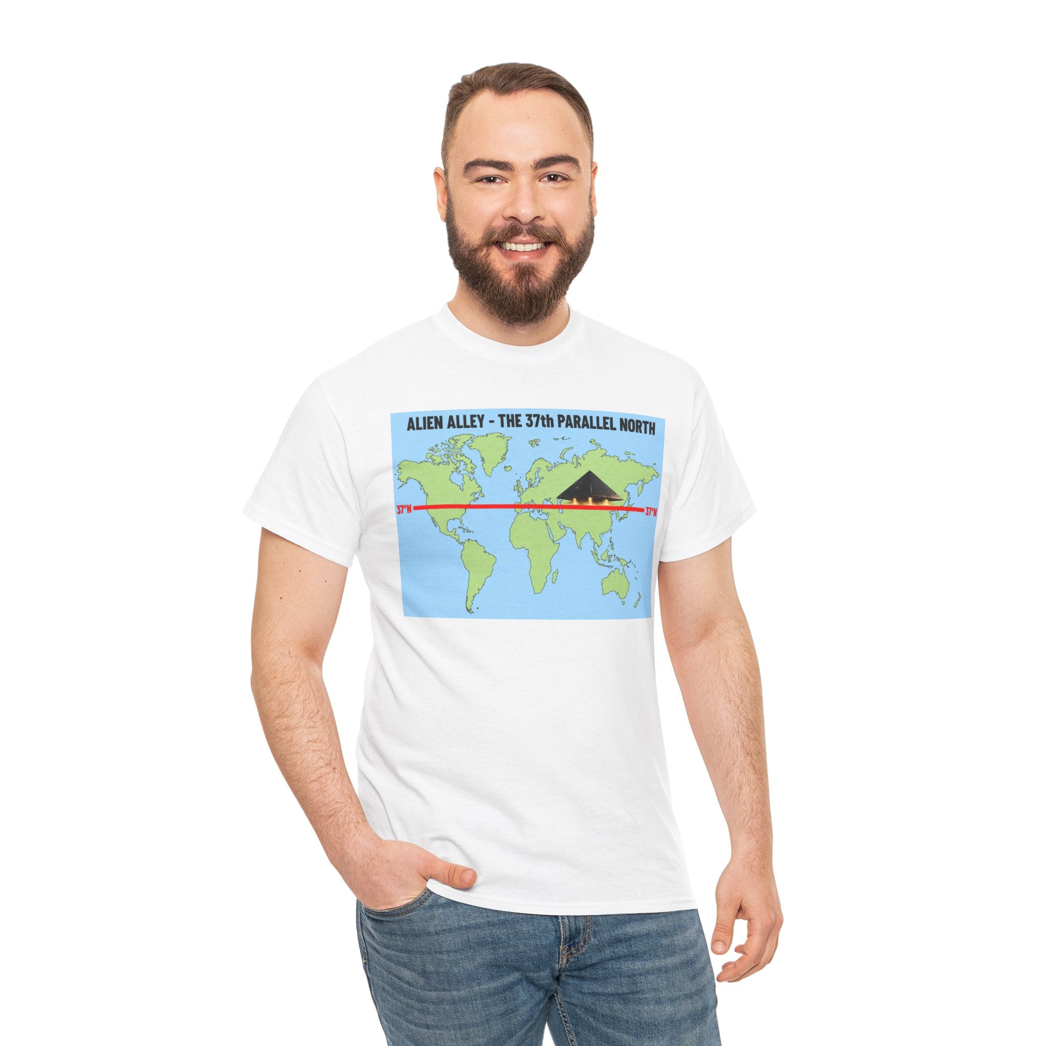 Alien Alley 37th Parallel North T-Shirt – Ancient Aliens UFO World Map Graphic Tee