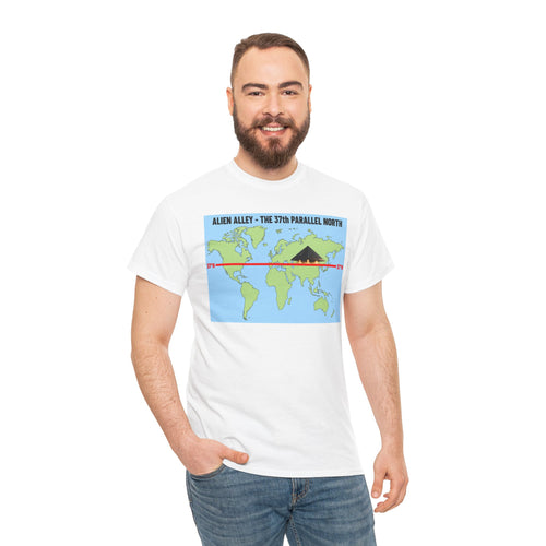 Alien Alley 37th Parallel North T-Shirt – Ancient Aliens UFO World Map Graphic Tee
