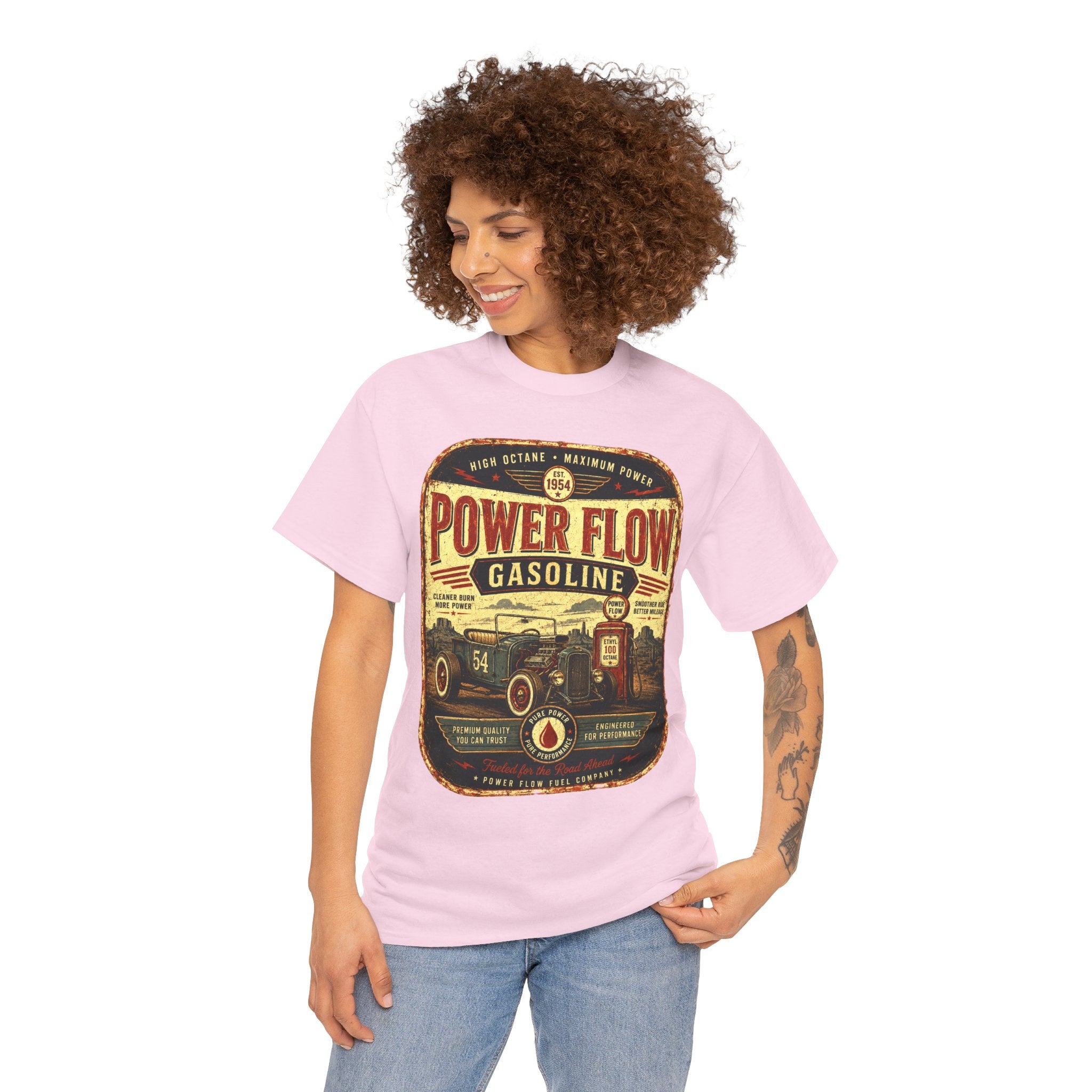 Power Flow Gasoline Vintage Hot Rod T-Shirt – Retro Gas Station Automotive Graphic Tee for Car Lovers