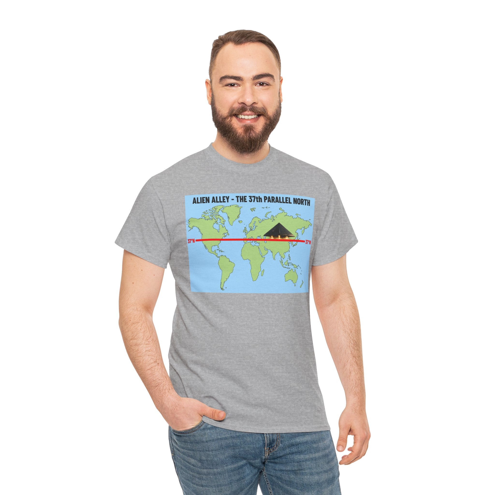 Alien Alley 37th Parallel North T-Shirt – Ancient Aliens UFO World Map Graphic Tee